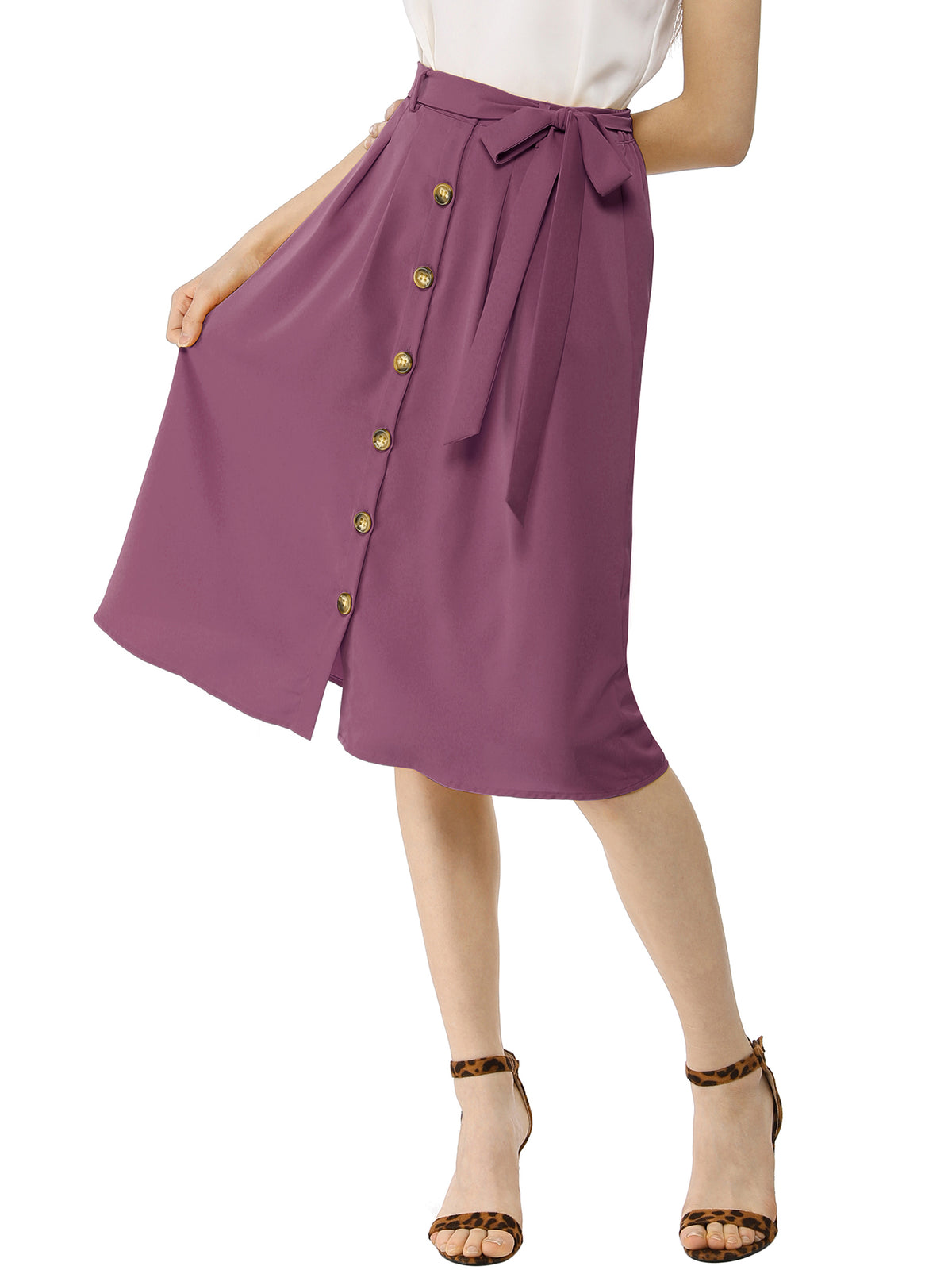 Women's High Waist Button Front Belted A-Line Casual Midi Skirt