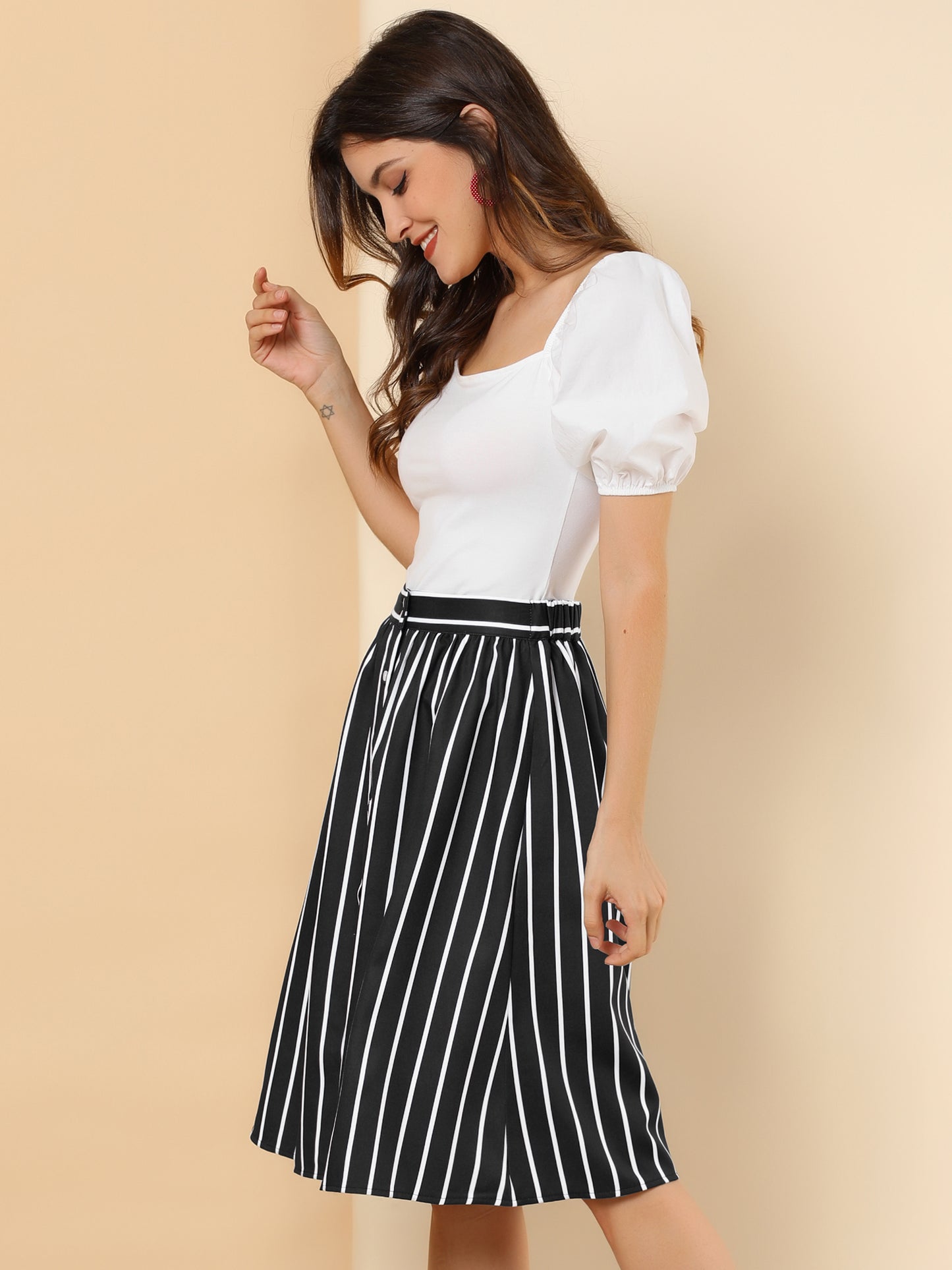 Women's Striped Button Front Elastic Back Waist A-Line Midi Skirt