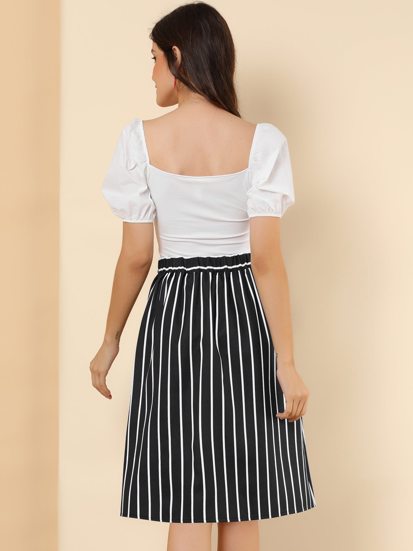 Women's Striped Button Front Elastic Back Waist A-Line Midi Skirt
