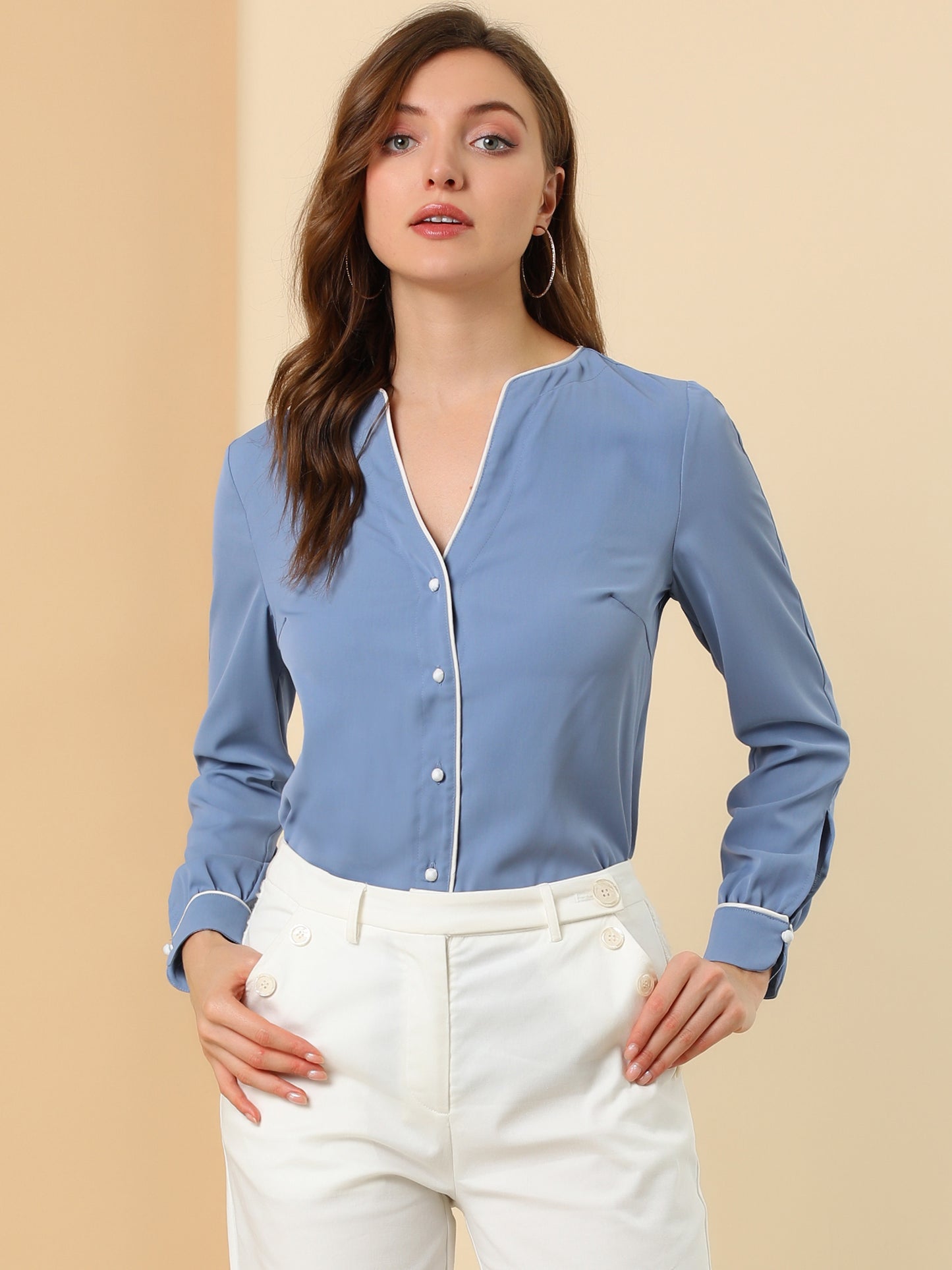Women's V Neck Long Sleeve Business Casual Contrast Color Piped Button Up Chiffon Blouse Shirt