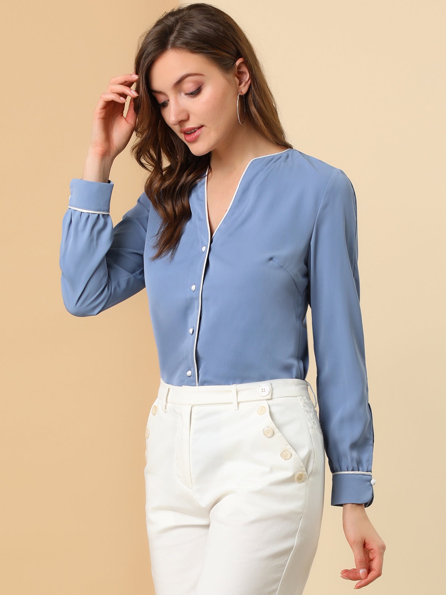 Women's V Neck Long Sleeve Business Casual Contrast Color Piped Button Up Chiffon Blouse Shirt