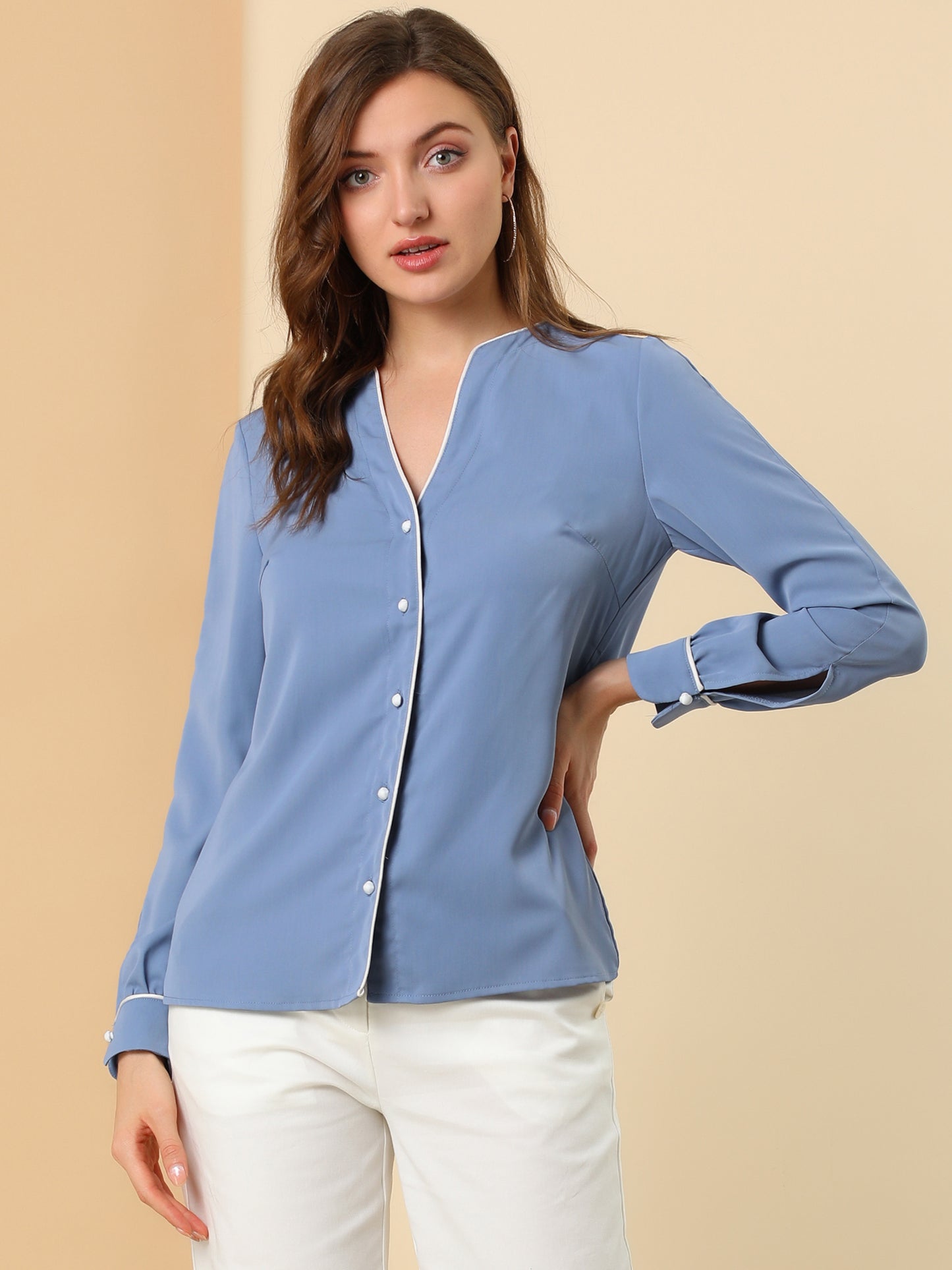 Women's V Neck Long Sleeve Business Casual Contrast Color Piped Button Up Chiffon Blouse Shirt
