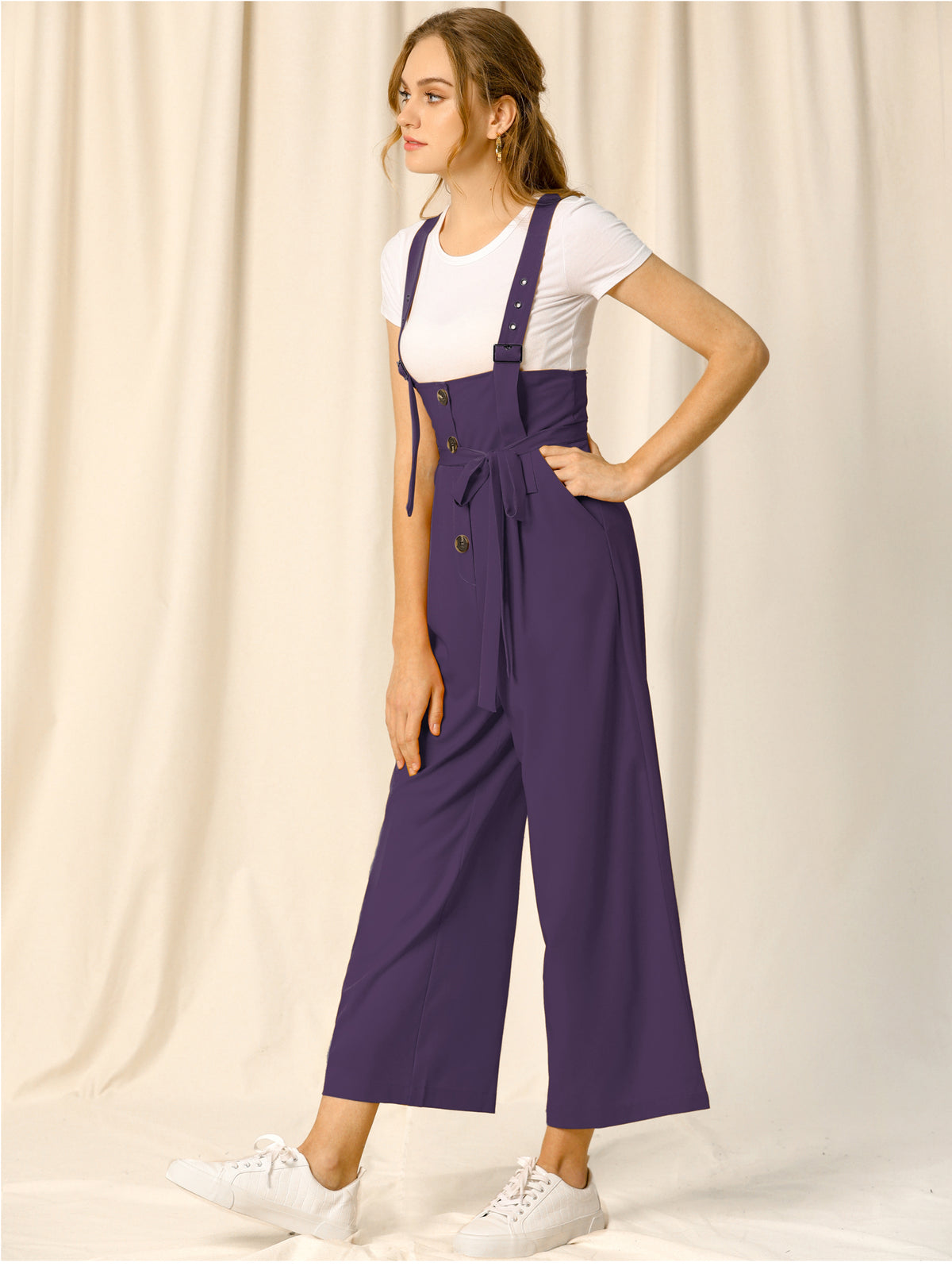 Women's Wide Leg Overalls Loose Fit Belted High Waist Suspenders Jumpsuits