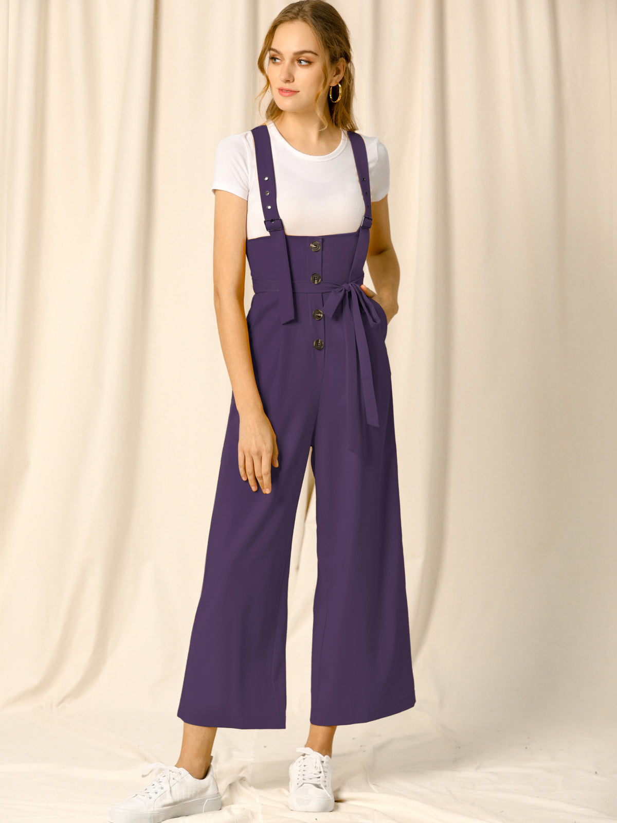 Women's Wide Leg Overalls Loose Fit Belted High Waist Suspenders Jumpsuits