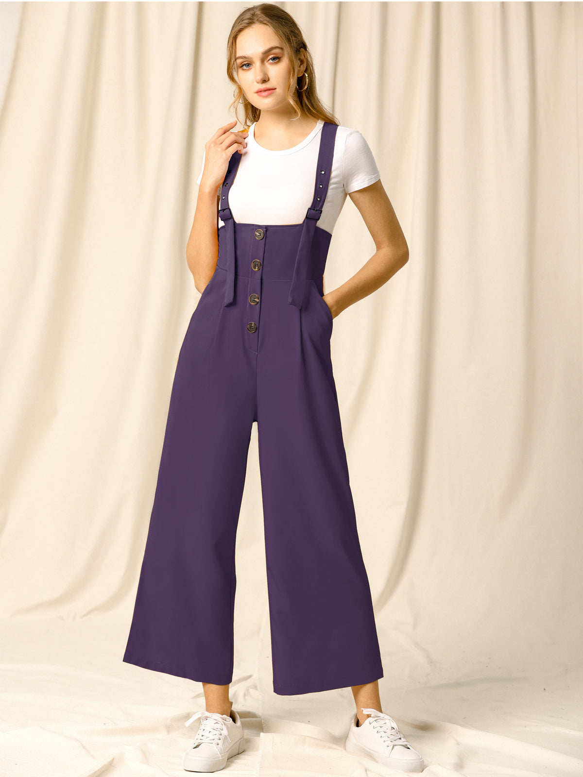 Women's Wide Leg Overalls Loose Fit Belted High Waist Suspenders Jumpsuits