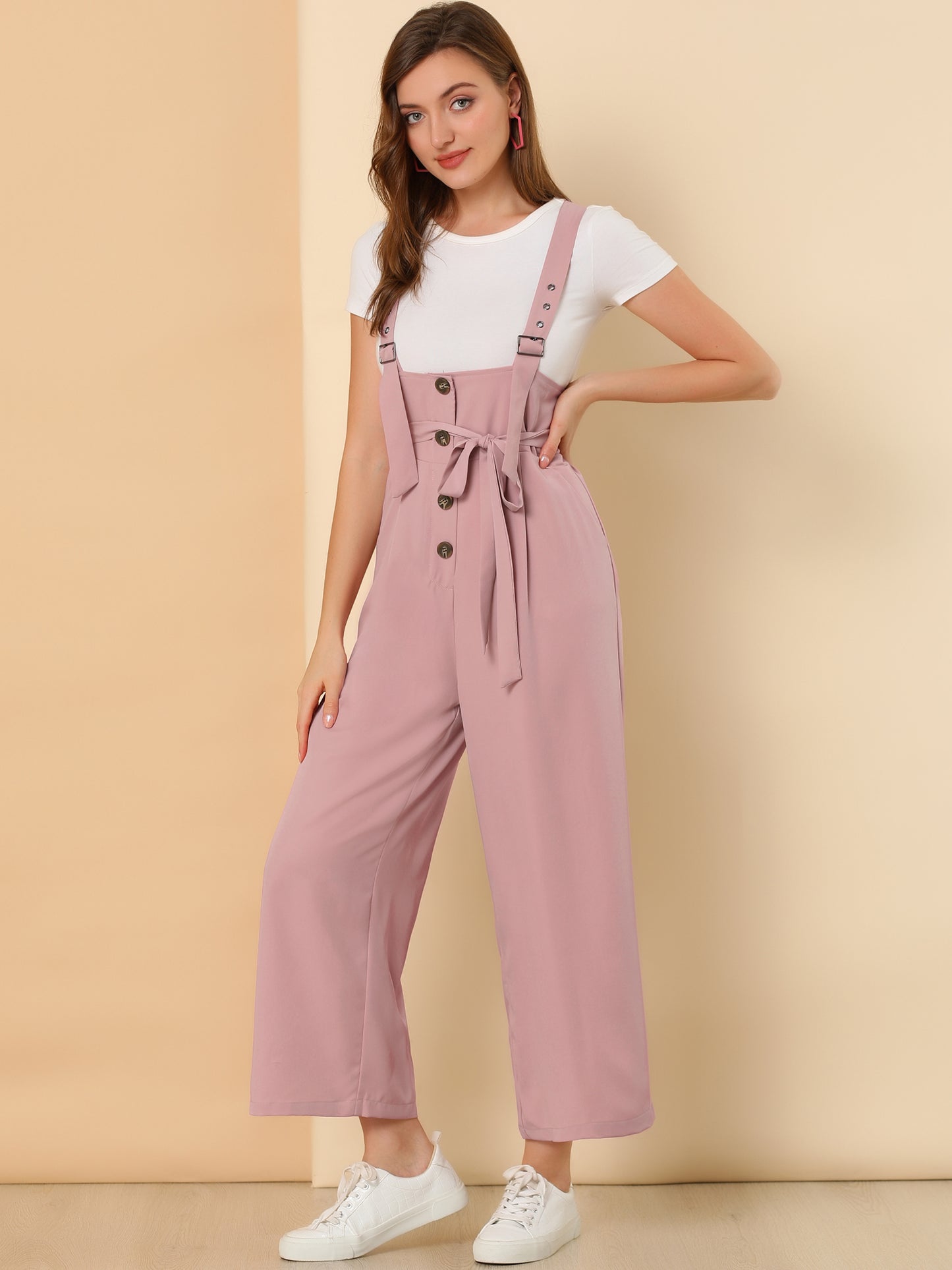 Women's Wide Leg Overalls Loose Fit Belted High Waist Suspenders Jumpsuits