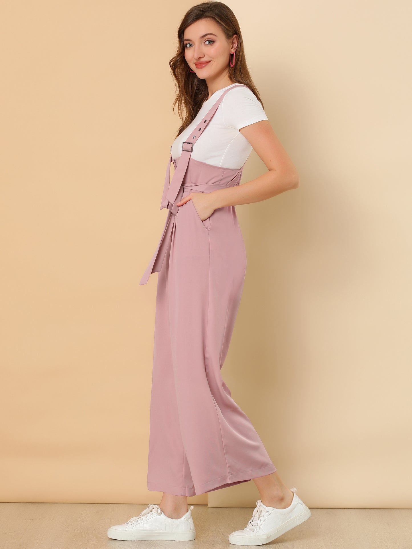 Women's Wide Leg Overalls Loose Fit Belted High Waist Suspenders Jumpsuits