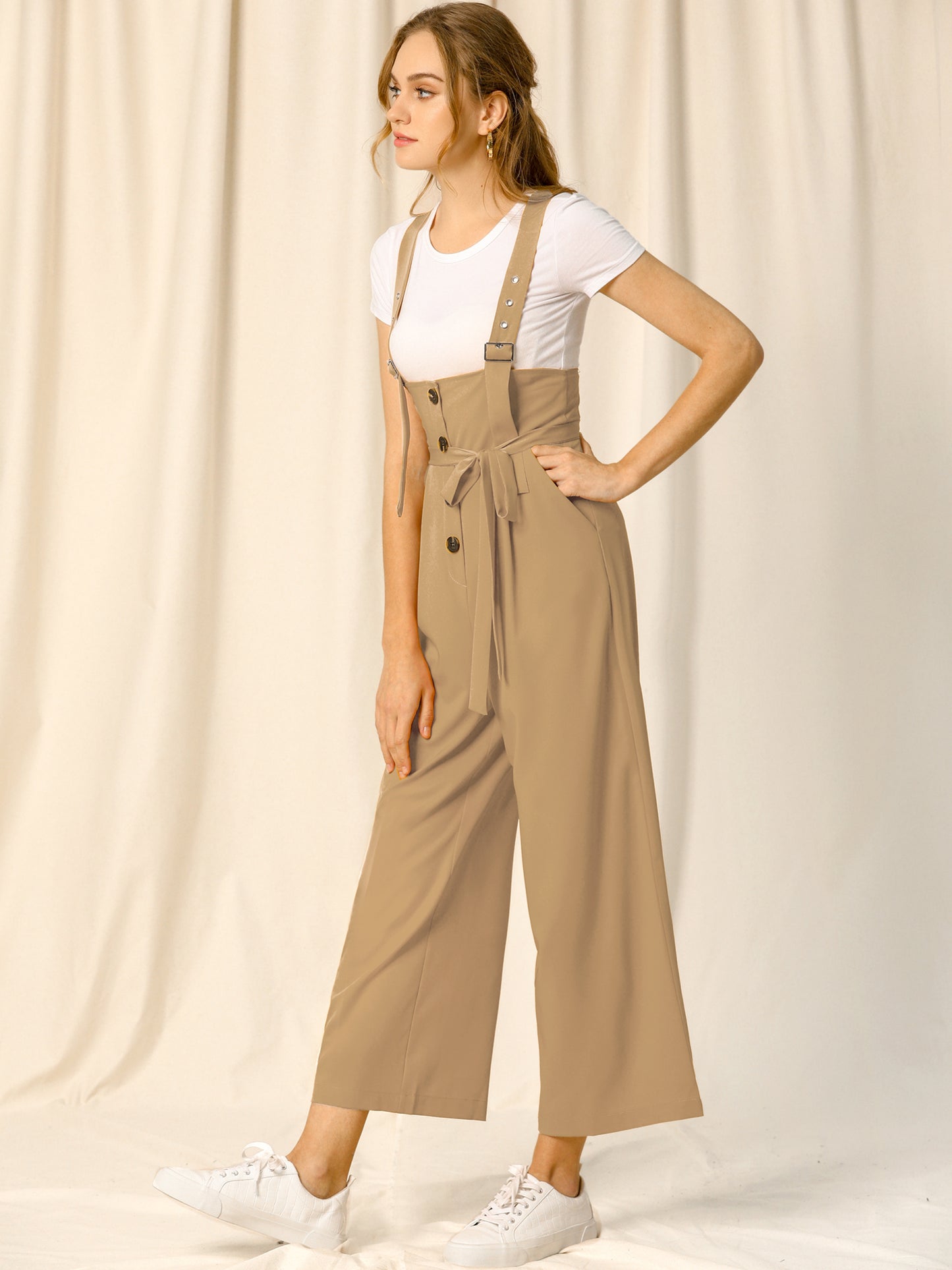 Women's Wide Leg Overalls Loose Fit Belted High Waist Suspenders Jumpsuits