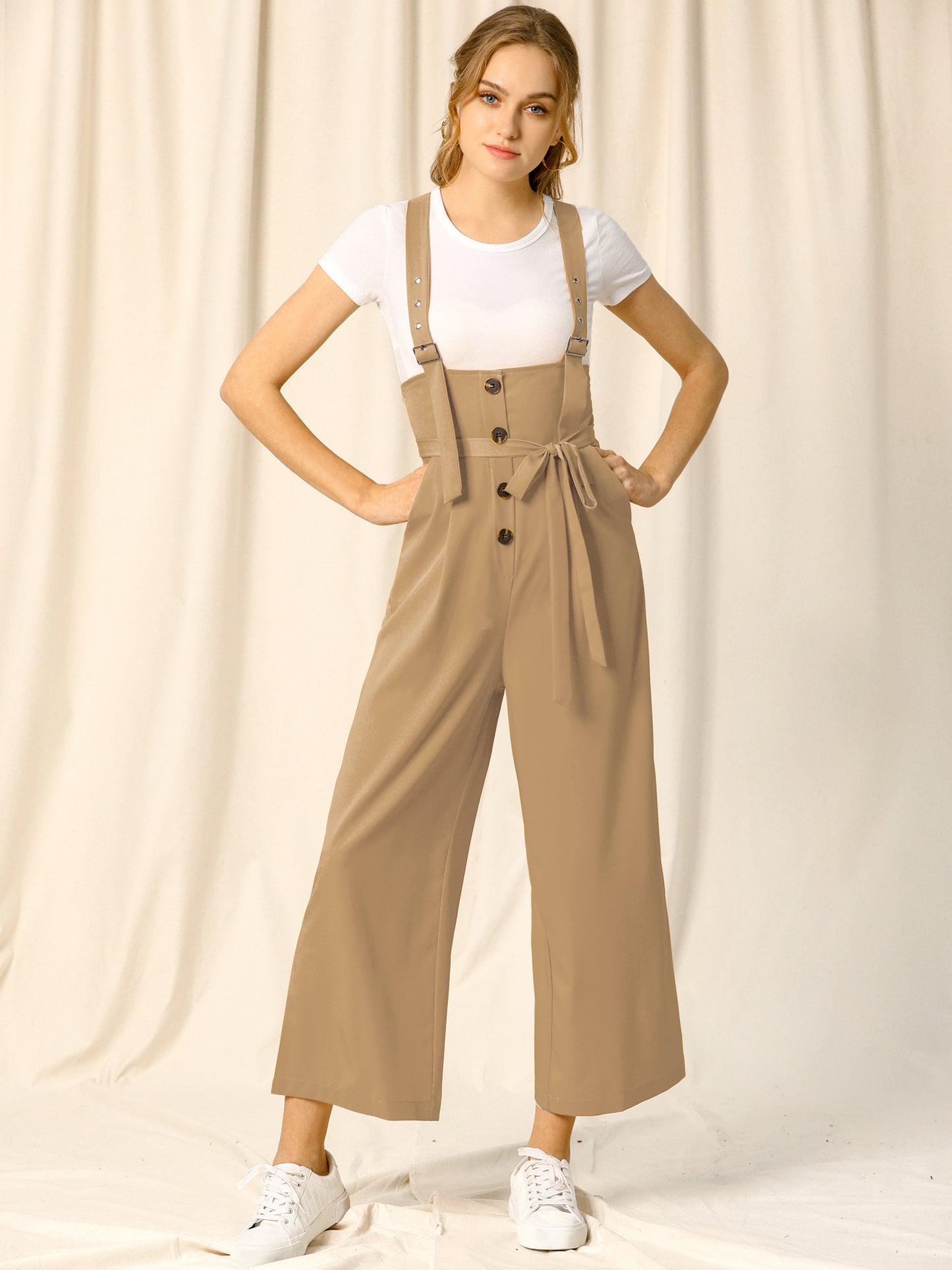 Women's Wide Leg Overalls Loose Fit Belted High Waist Suspenders Jumpsuits