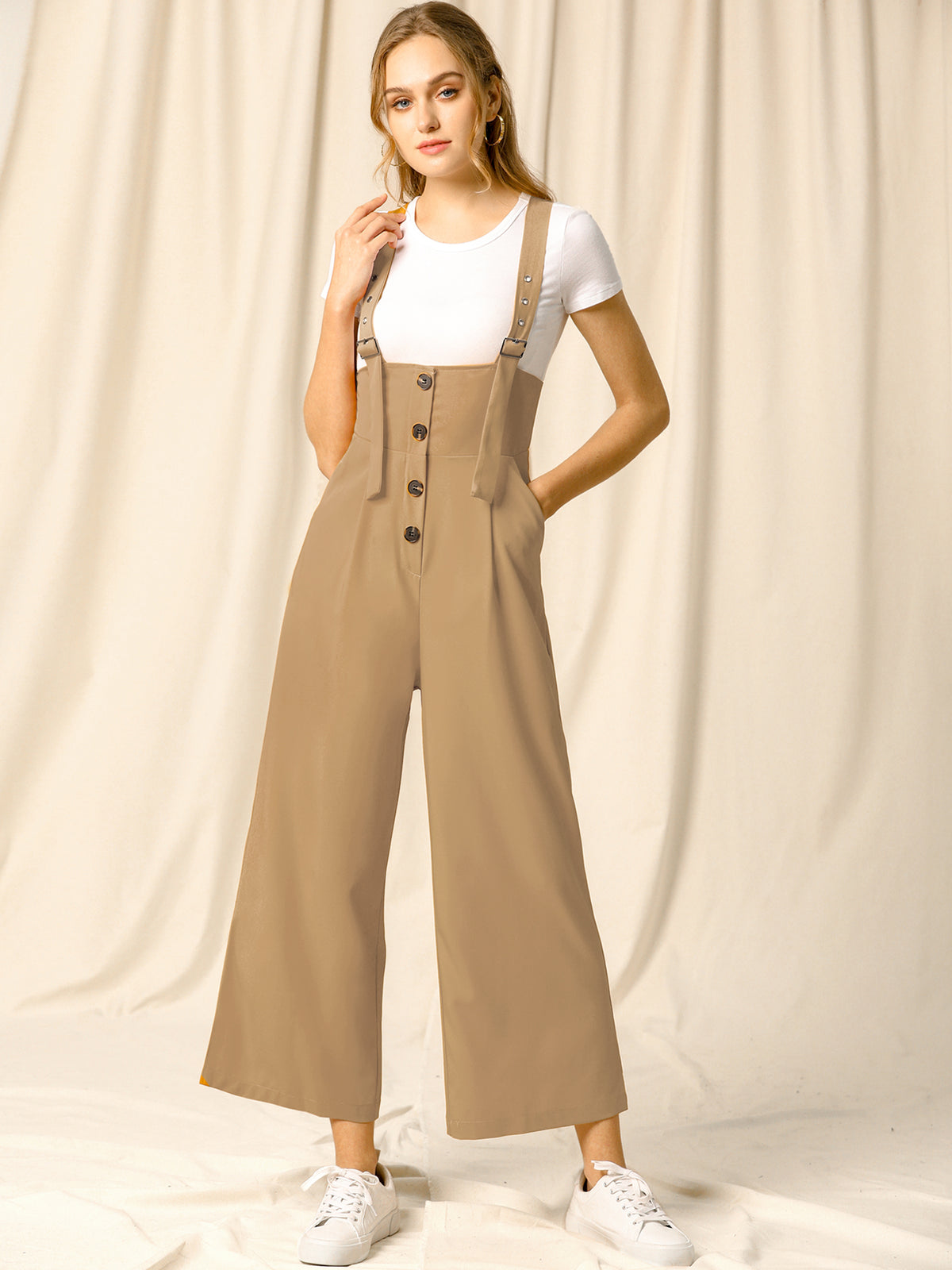 Women's Wide Leg Overalls Loose Fit Belted High Waist Suspenders Jumpsuits