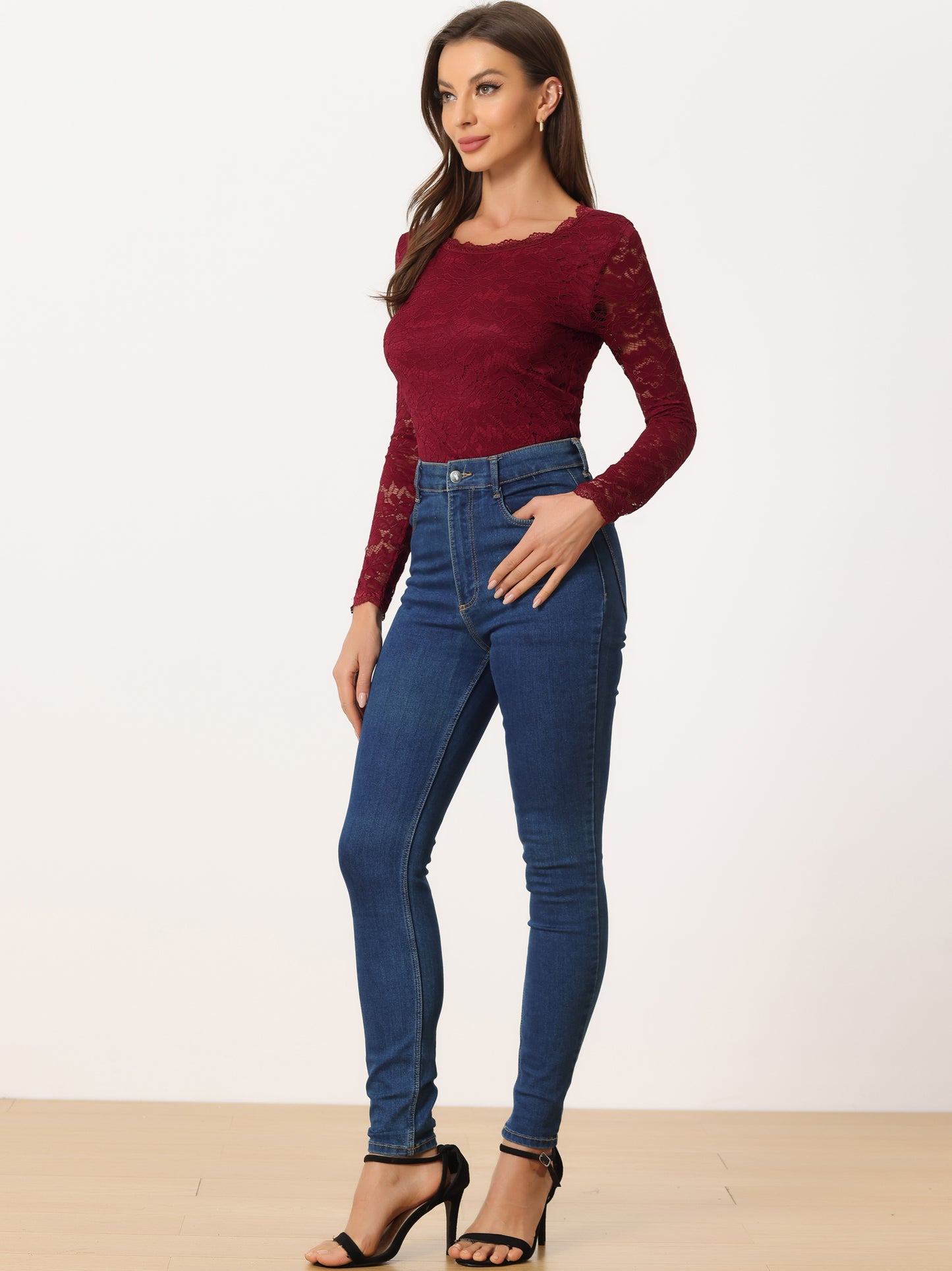 Women's Lace Sheer Dressy Casual Floral Lace Long Sleeve Top