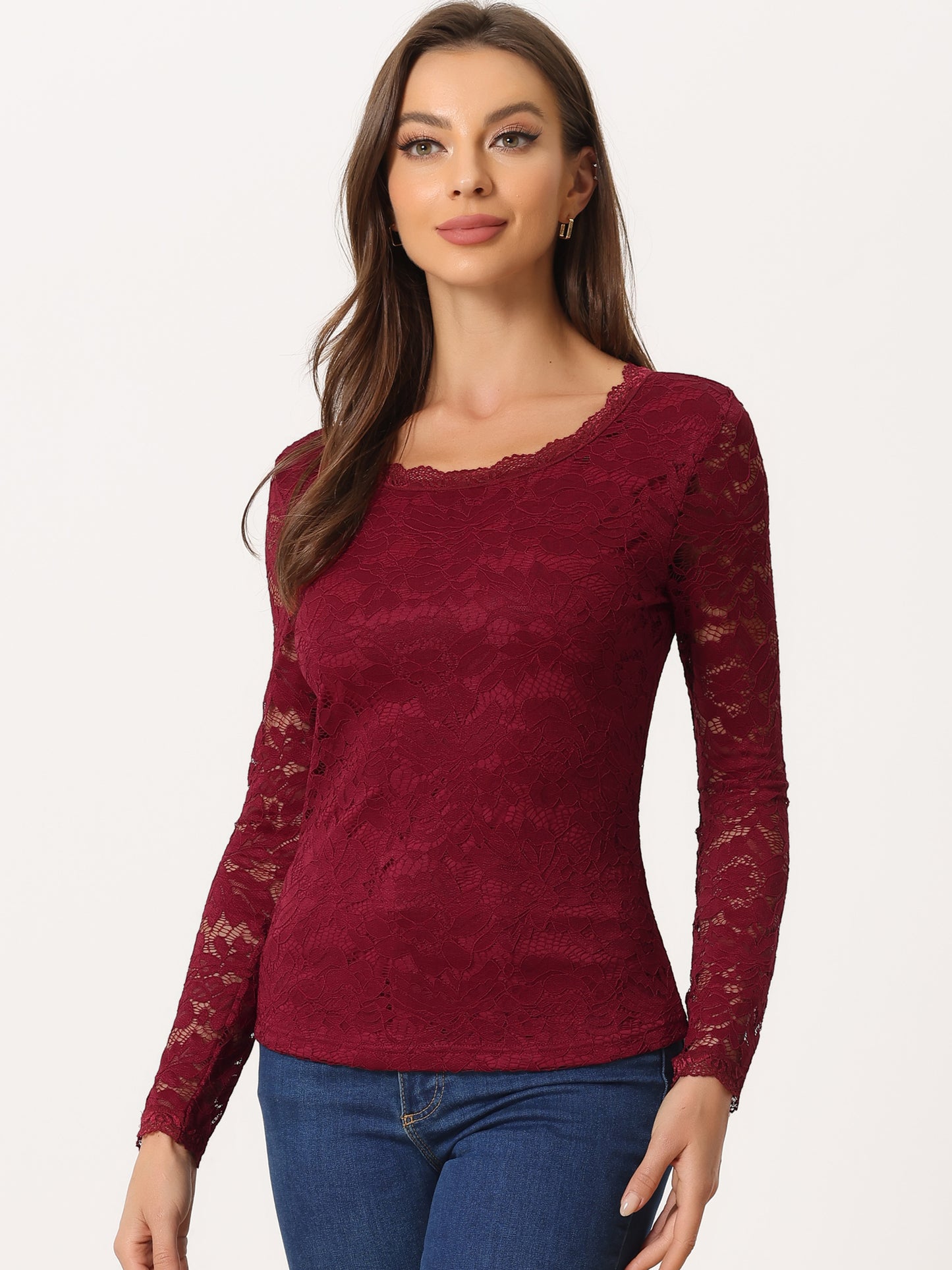 Women's Lace Sheer Dressy Casual Floral Lace Long Sleeve Top