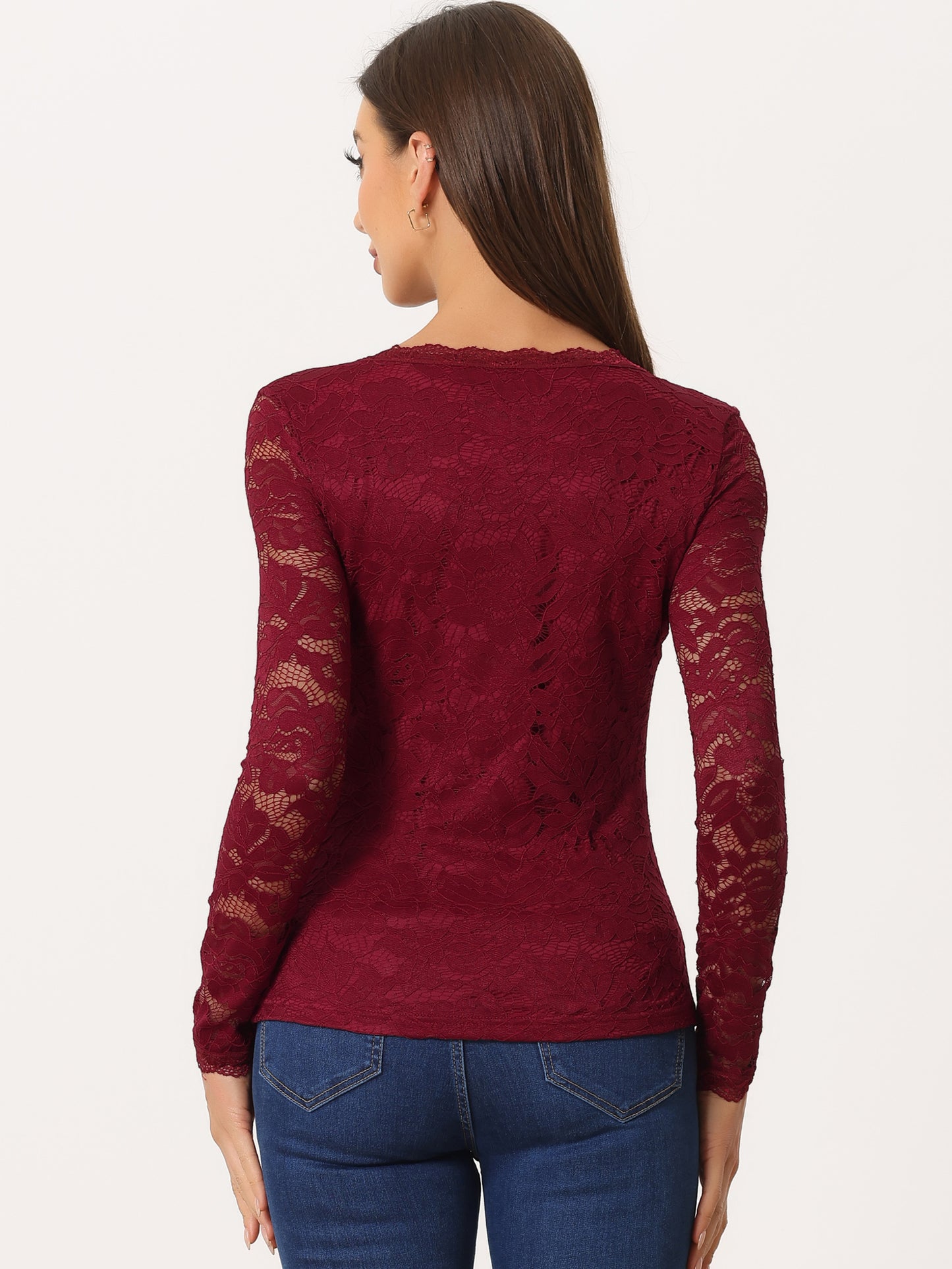 Women's Lace Sheer Dressy Casual Floral Lace Long Sleeve Top