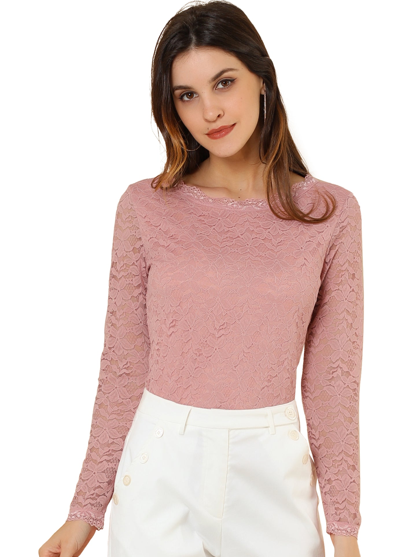 Women's Lace Sheer Dressy Casual Floral Lace Long Sleeve Top