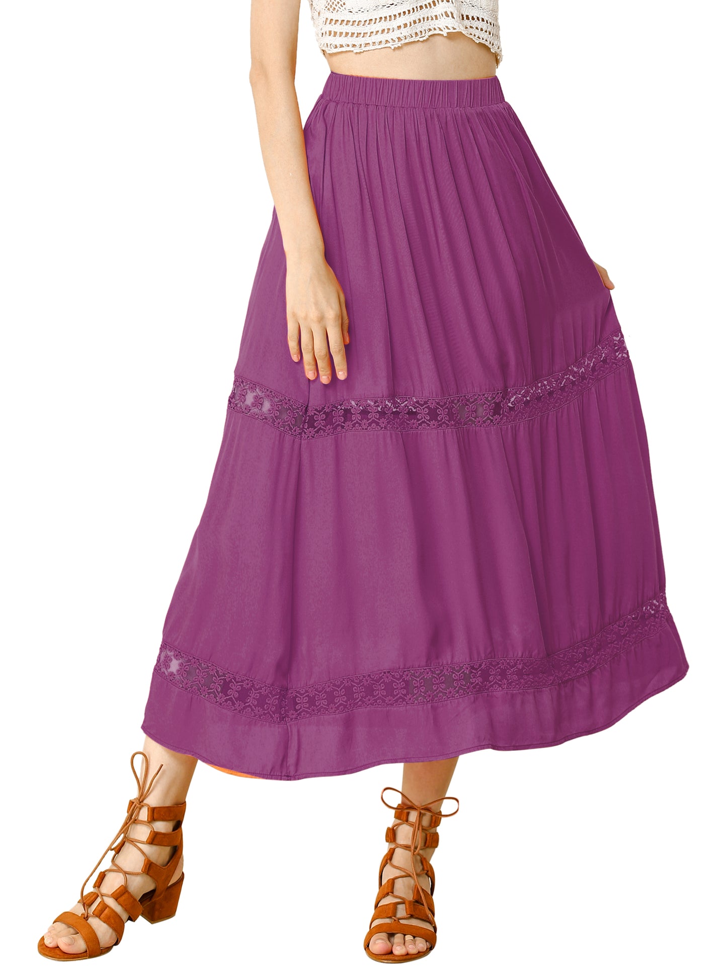 Women's Long Skirts Elastic Waist Swing A-Line Lace Insert Maxi Skirt (Available in Plus Size)