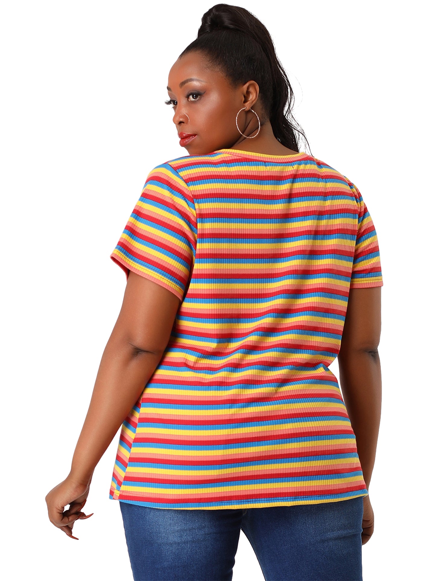 Women Plus Size Stripe T Shirt Short Sleeve Crew Neck Rainbow Striped Top