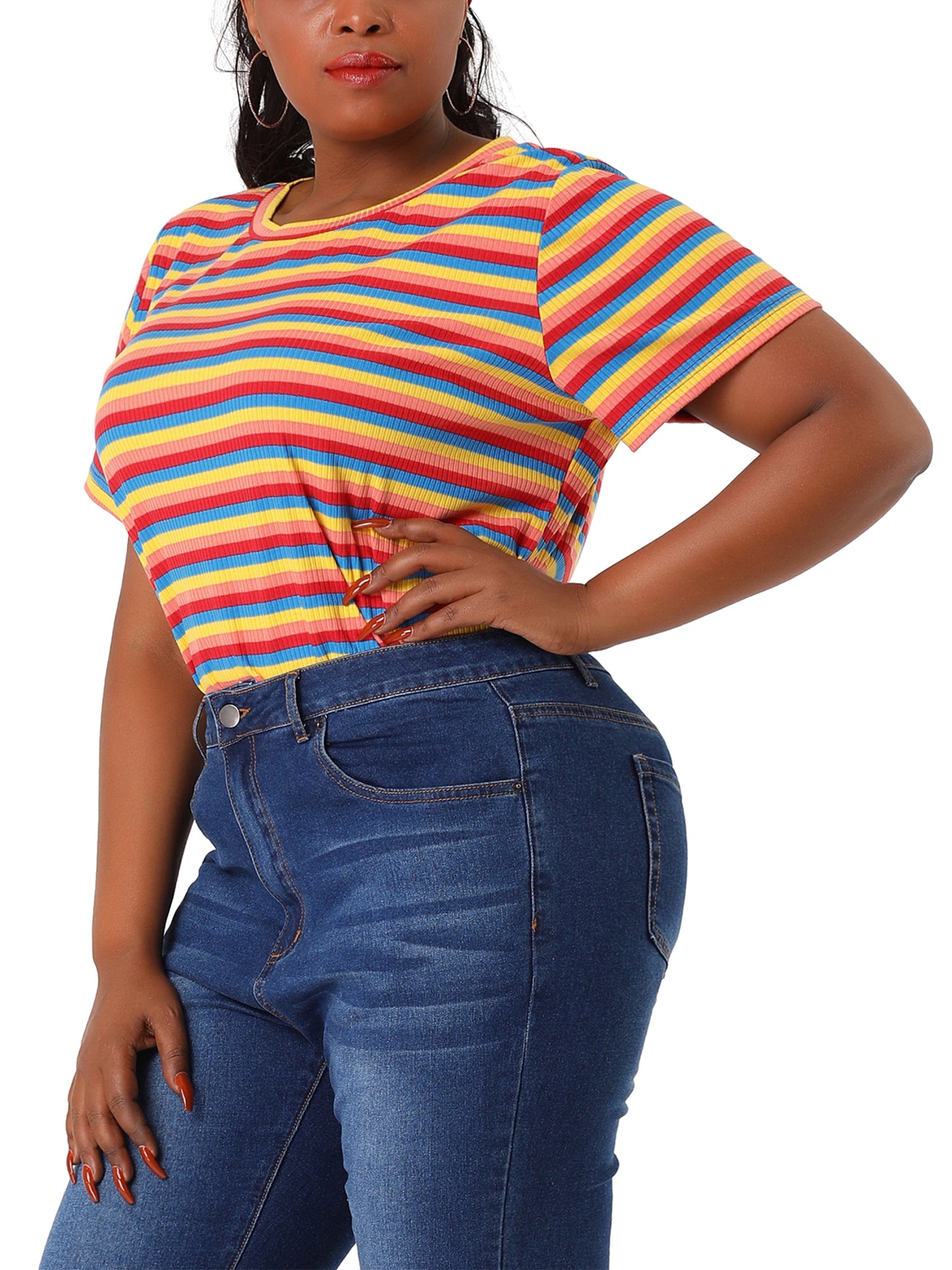 Women Plus Size Stripe T Shirt Short Sleeve Crew Neck Rainbow Striped Top