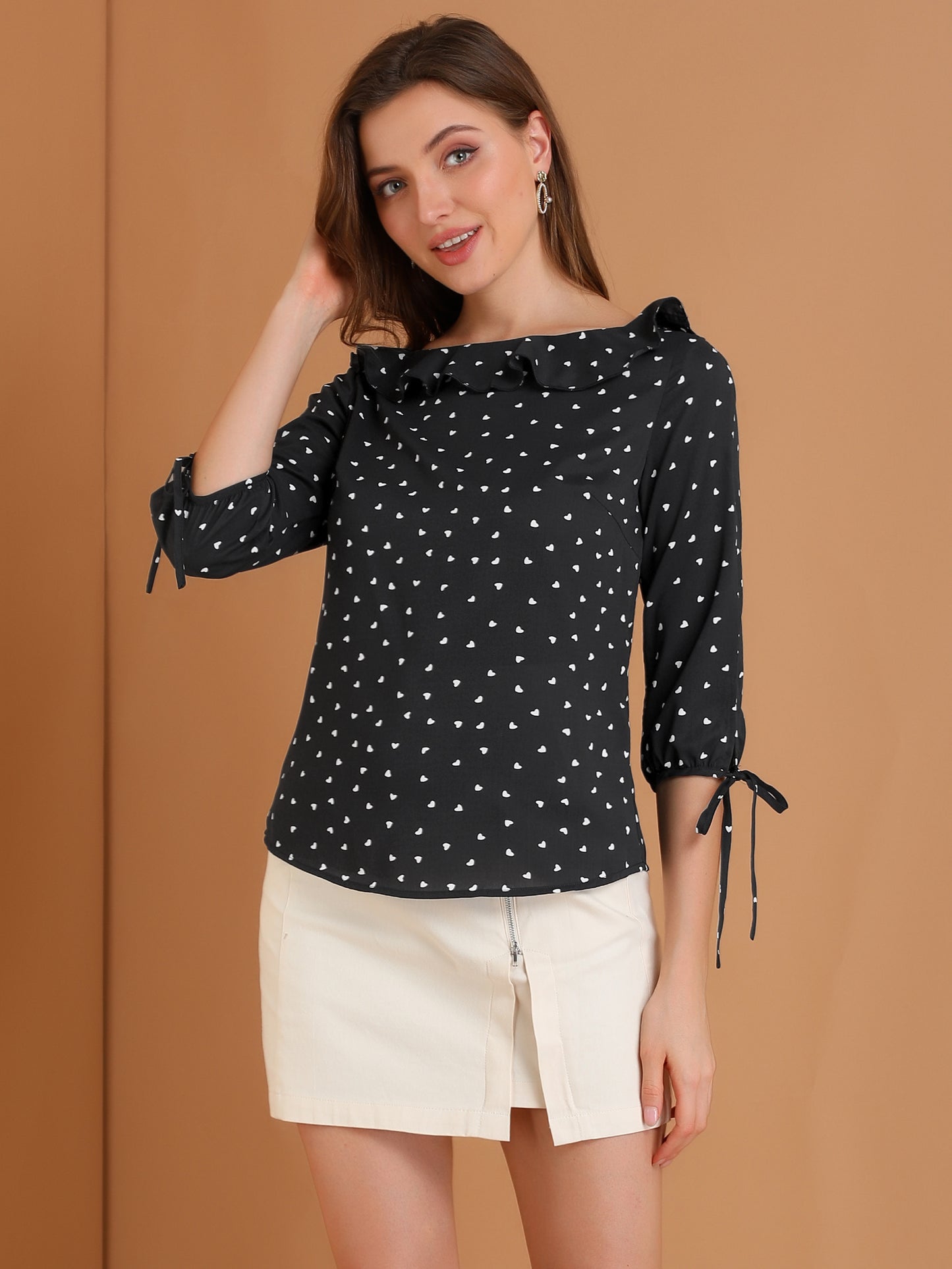 Women's Ruffled Collar Polka Dots 3/4 Sleeve Blouse