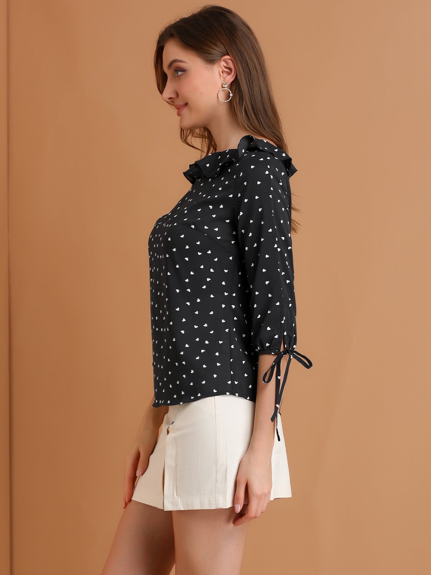 Women's Ruffled Collar Polka Dots 3/4 Sleeve Blouse
