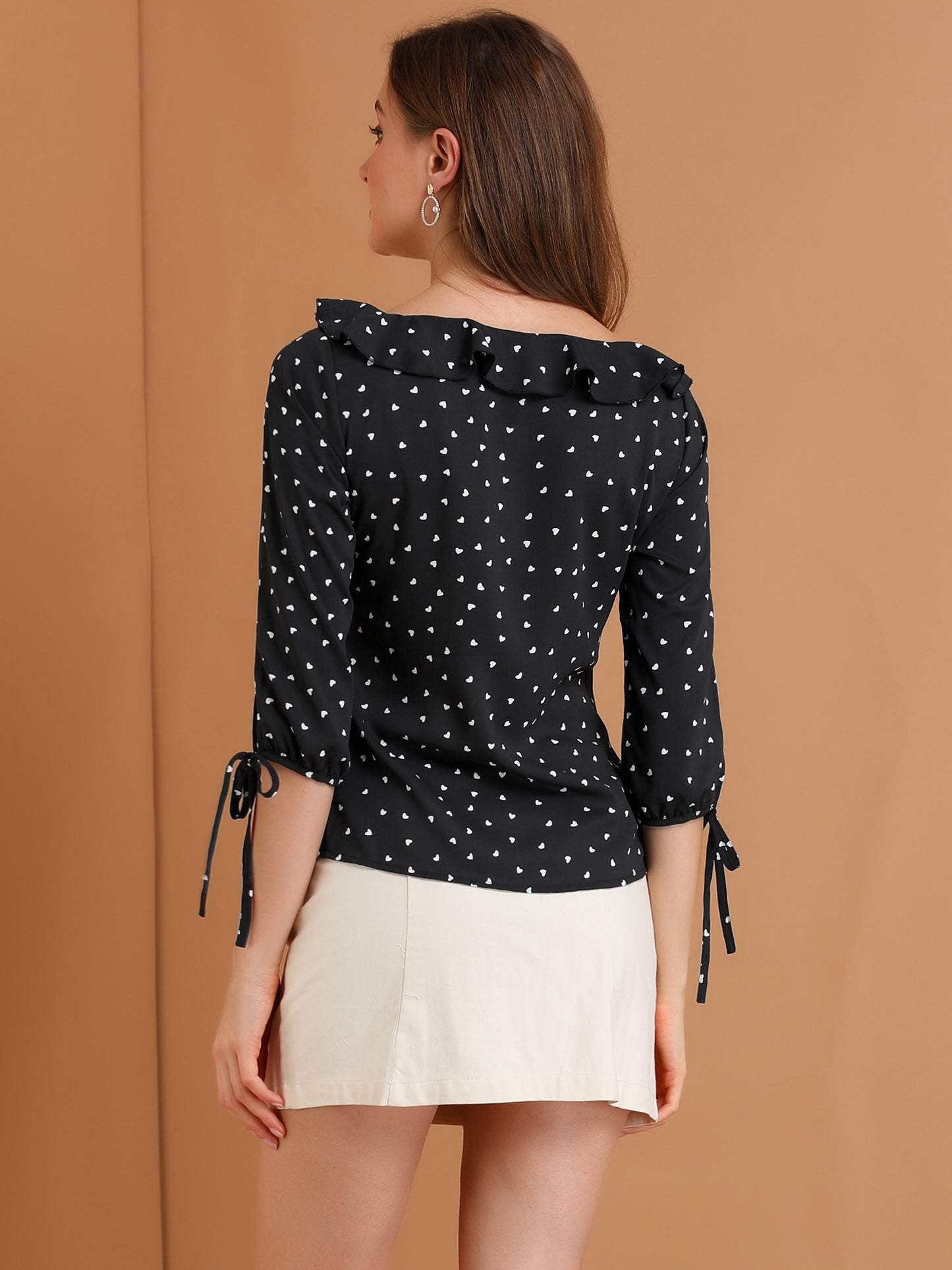 Women's Ruffled Collar Polka Dots 3/4 Sleeve Blouse