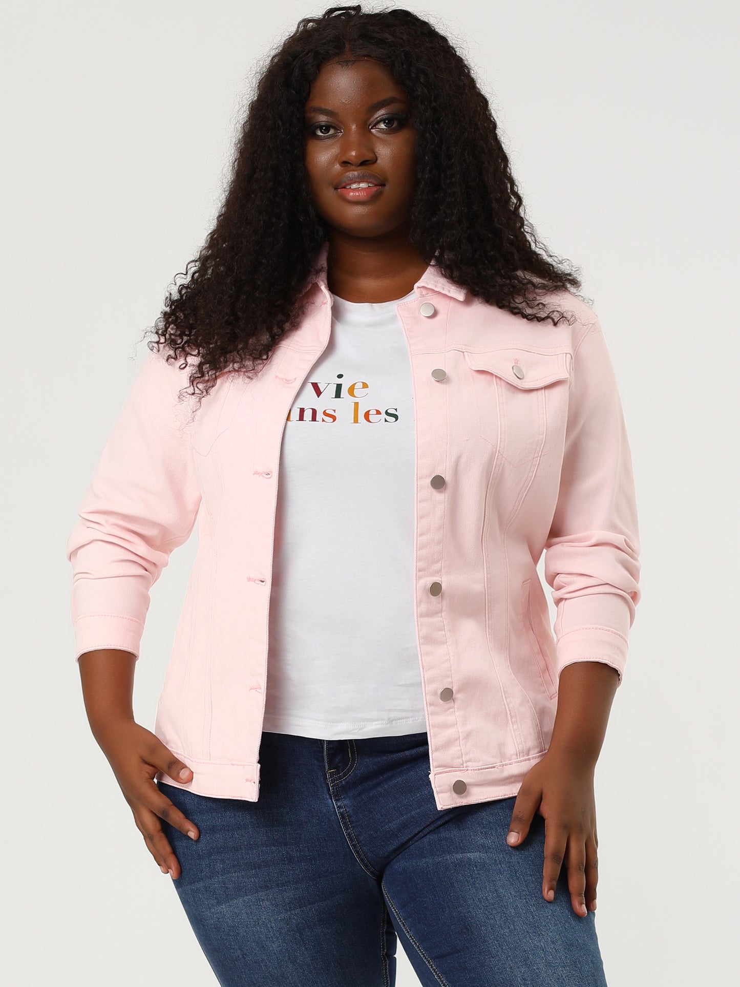 Women's Plus Size Jean Jacket Stitching Button Front Washed Denim Jacket
