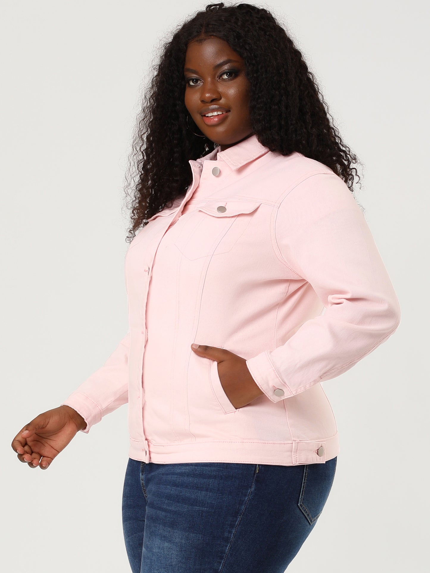 Women's Plus Size Jean Jacket Stitching Button Front Washed Denim Jacket