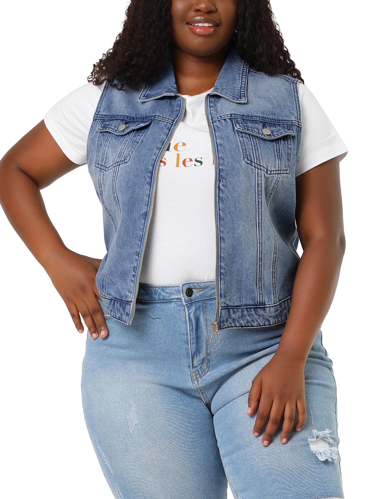 Women Plus Size Denim Vest Sleeveless Zip Up Button Down Waistcoat Jeans Jackets Vests
