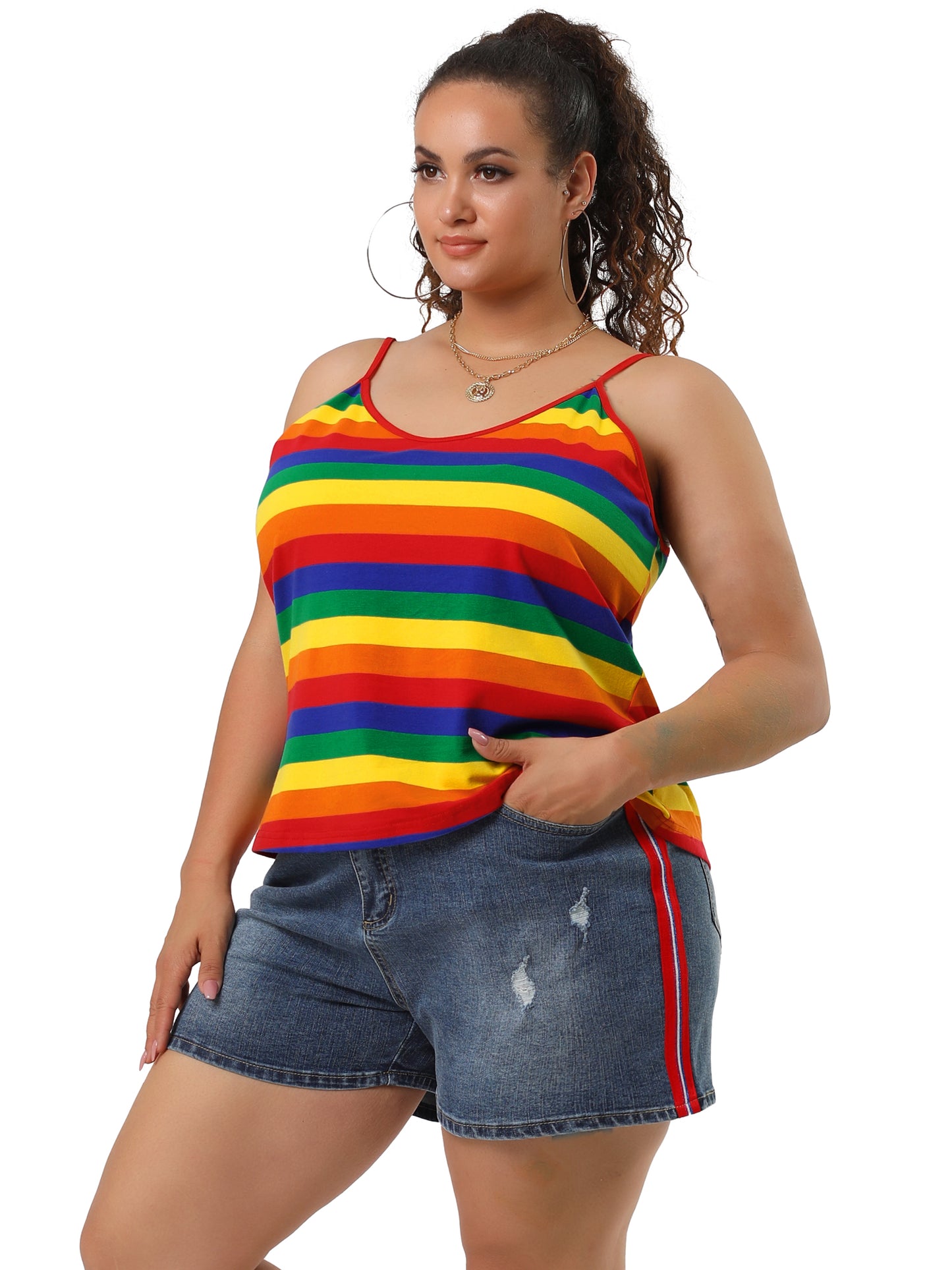 Women Plus Size Rainbow Stripe Cami Sleeveless Stretchy Camisole Summer Top
