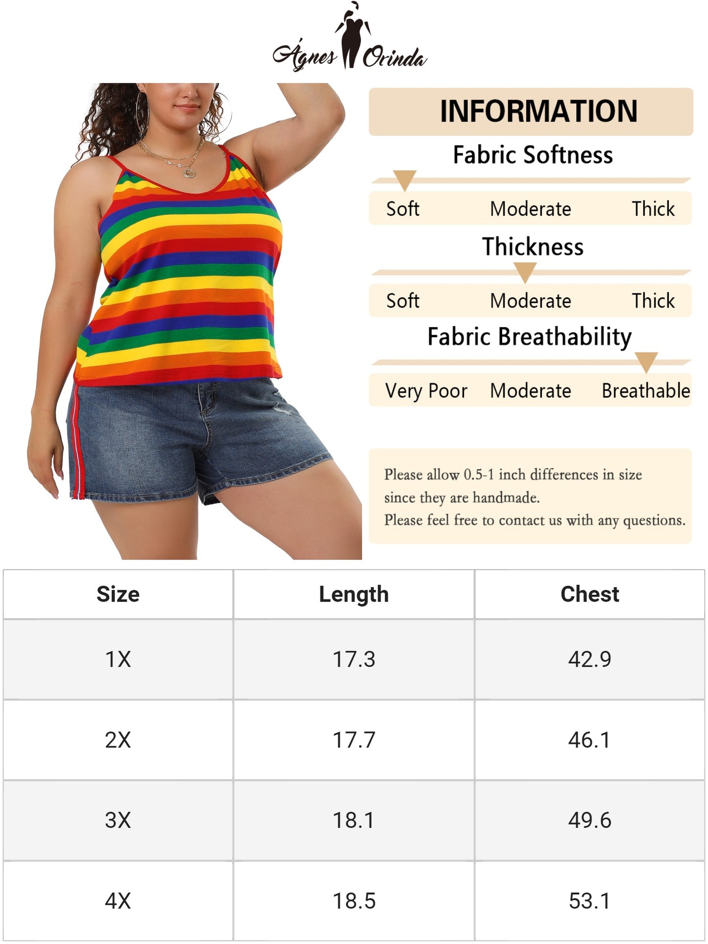 Women Plus Size Rainbow Stripe Cami Sleeveless Stretchy Camisole Summer Top