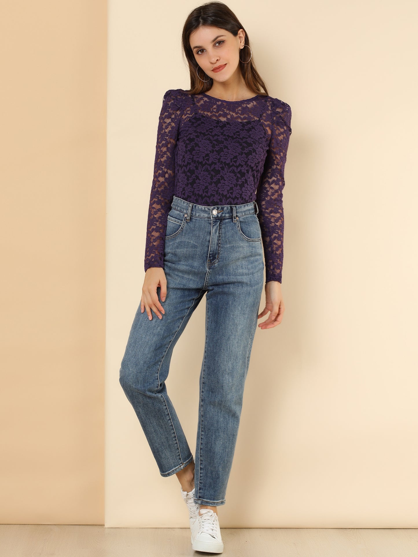 Women's Lace Embroidery Semi Sheer Vintage Puff Sleeve Top
