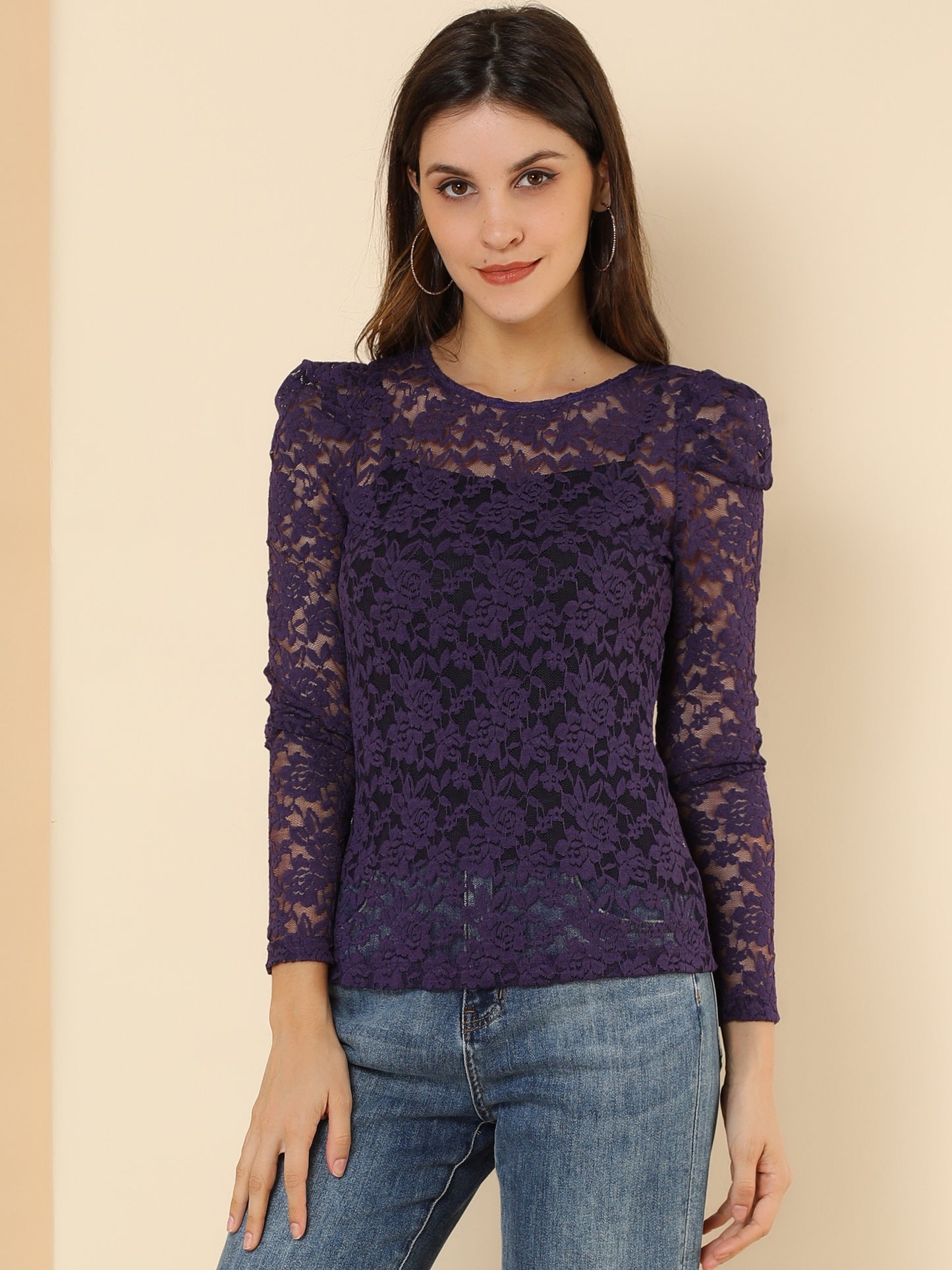Women's Lace Embroidery Semi Sheer Vintage Puff Sleeve Top