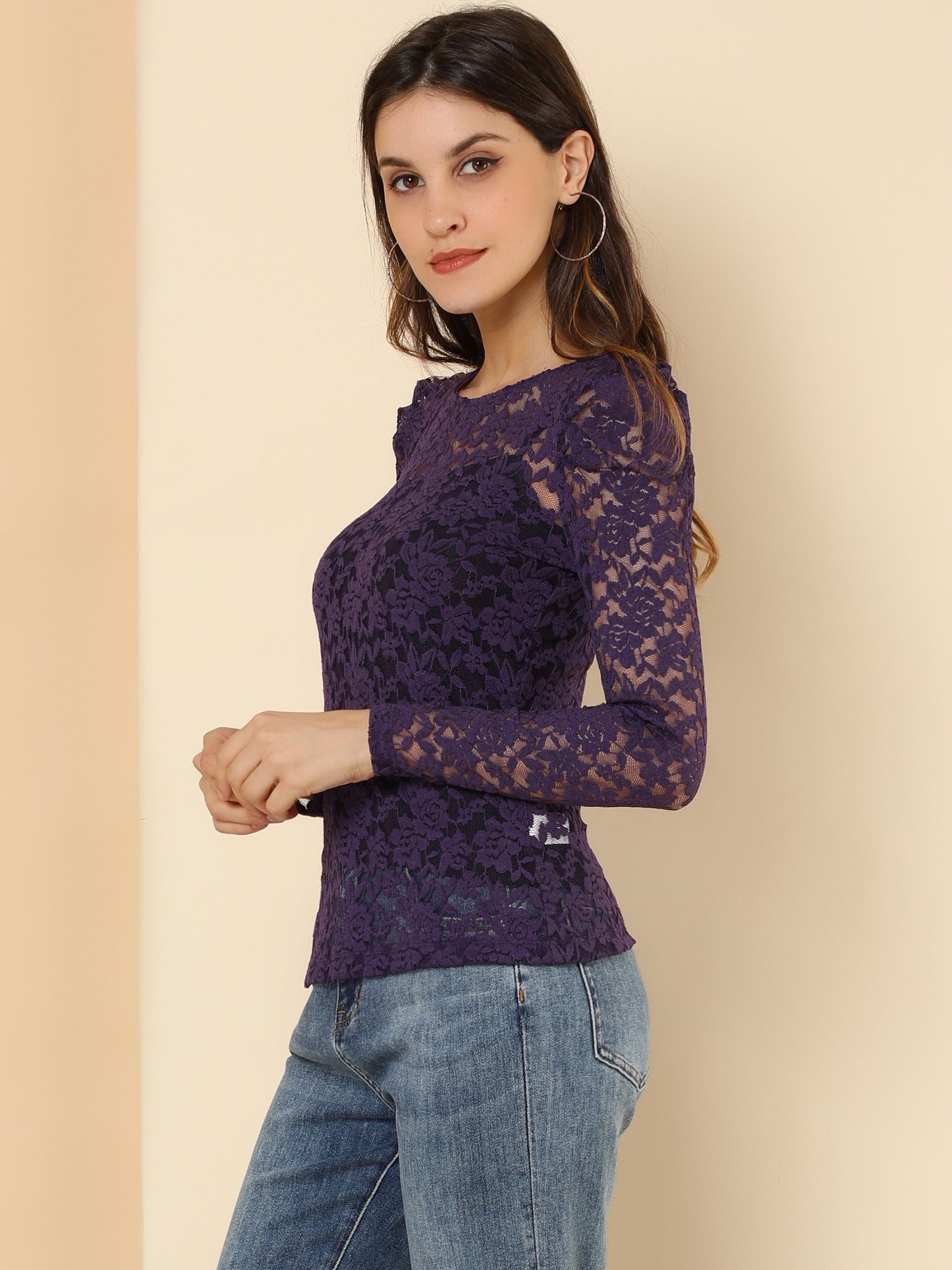 Women's Lace Embroidery Semi Sheer Vintage Puff Sleeve Top