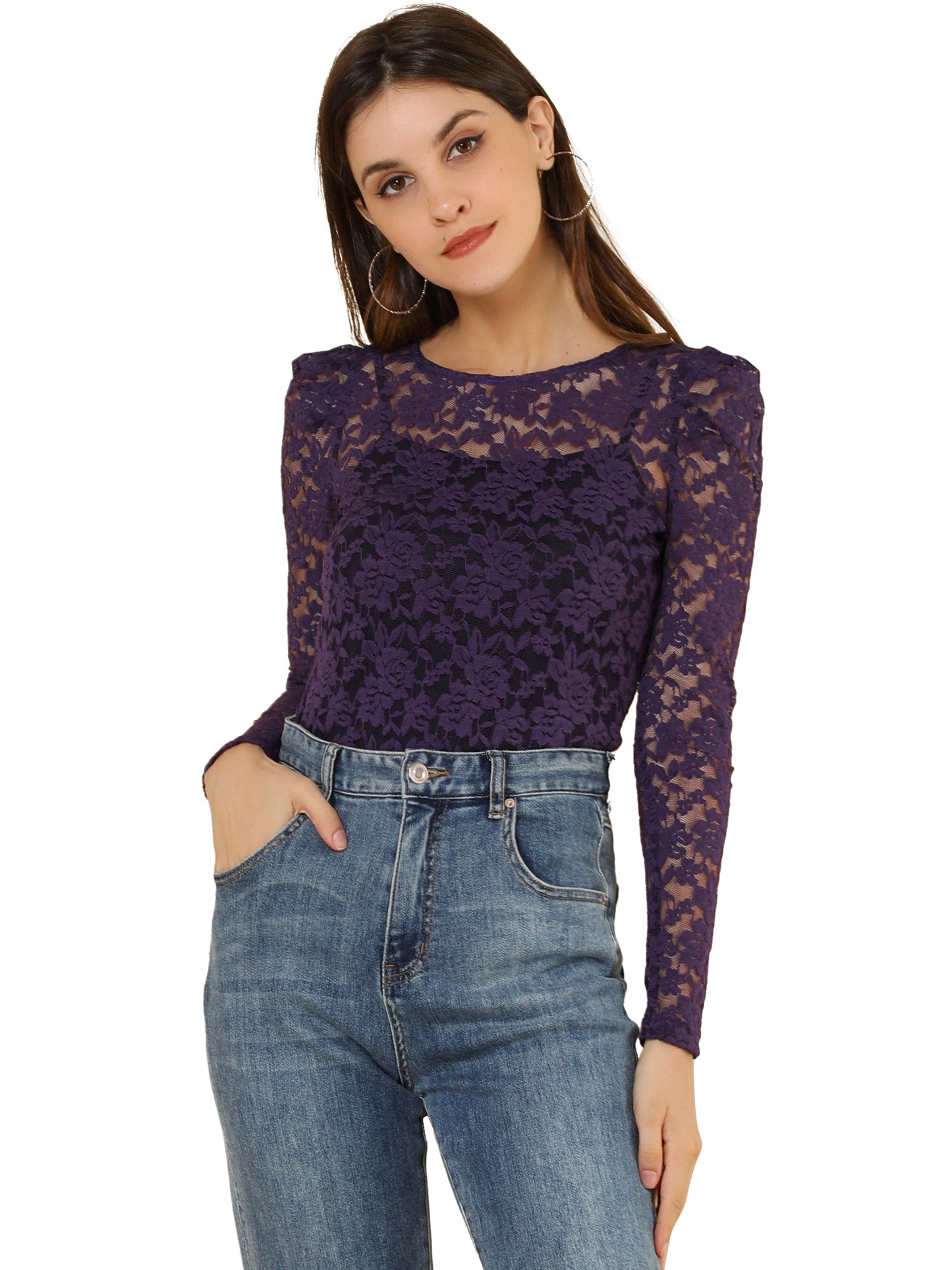 Women's Lace Embroidery Semi Sheer Vintage Puff Sleeve Top