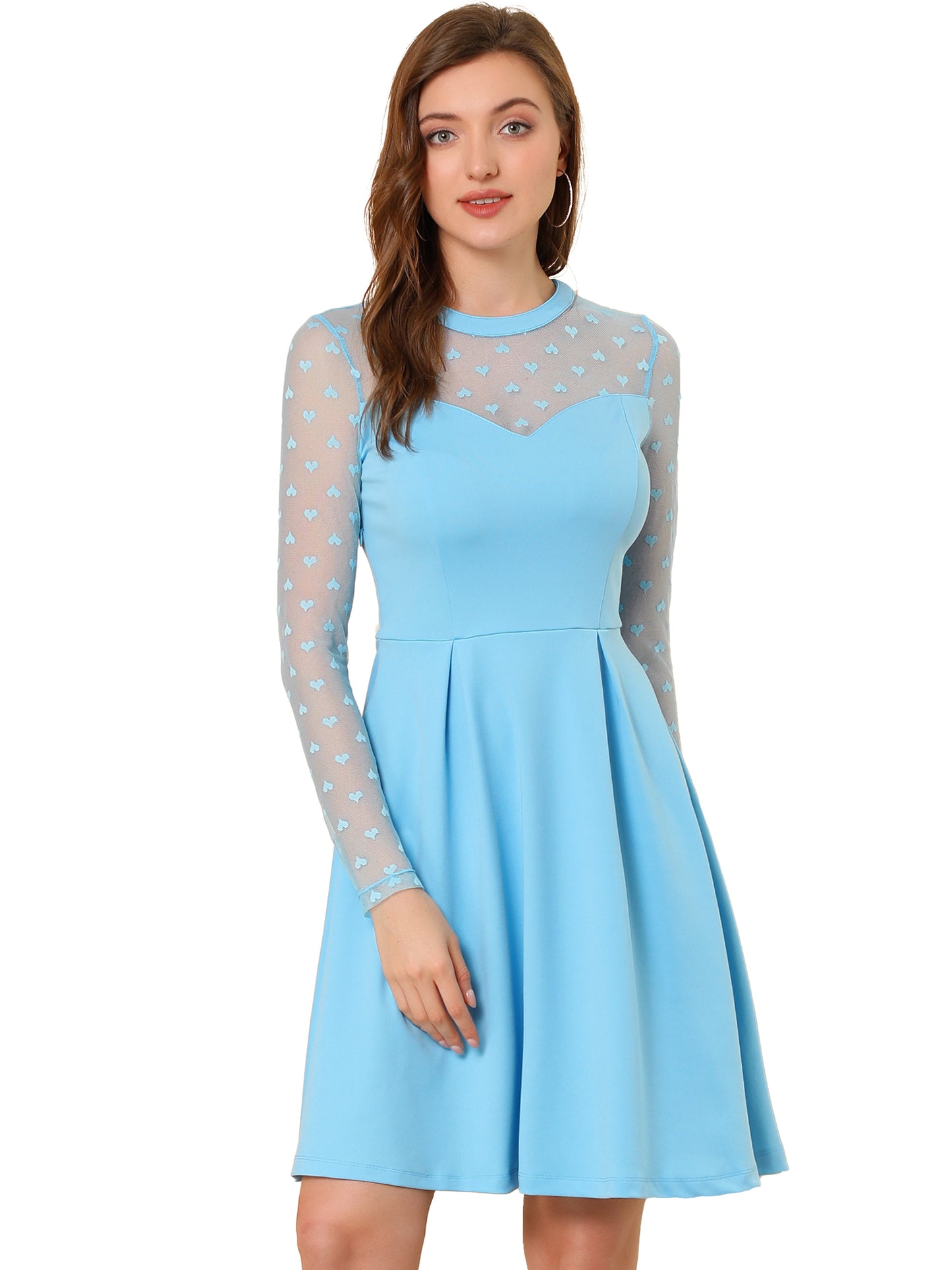 Women's Heart Mesh Sheer Long Sleeve Cocktail Party Skater Dress