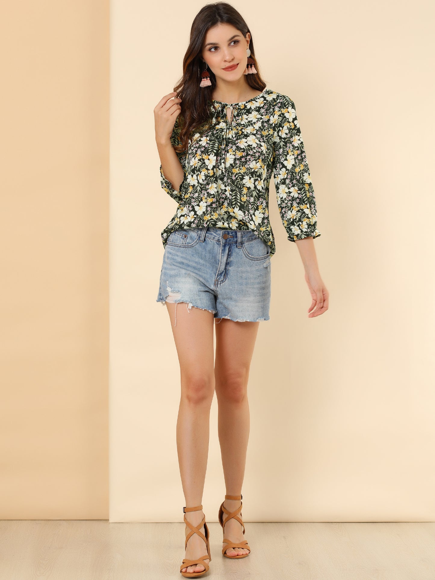 Women's Tie Neck 3/4 Sleeve Floral Blouse Bow Top