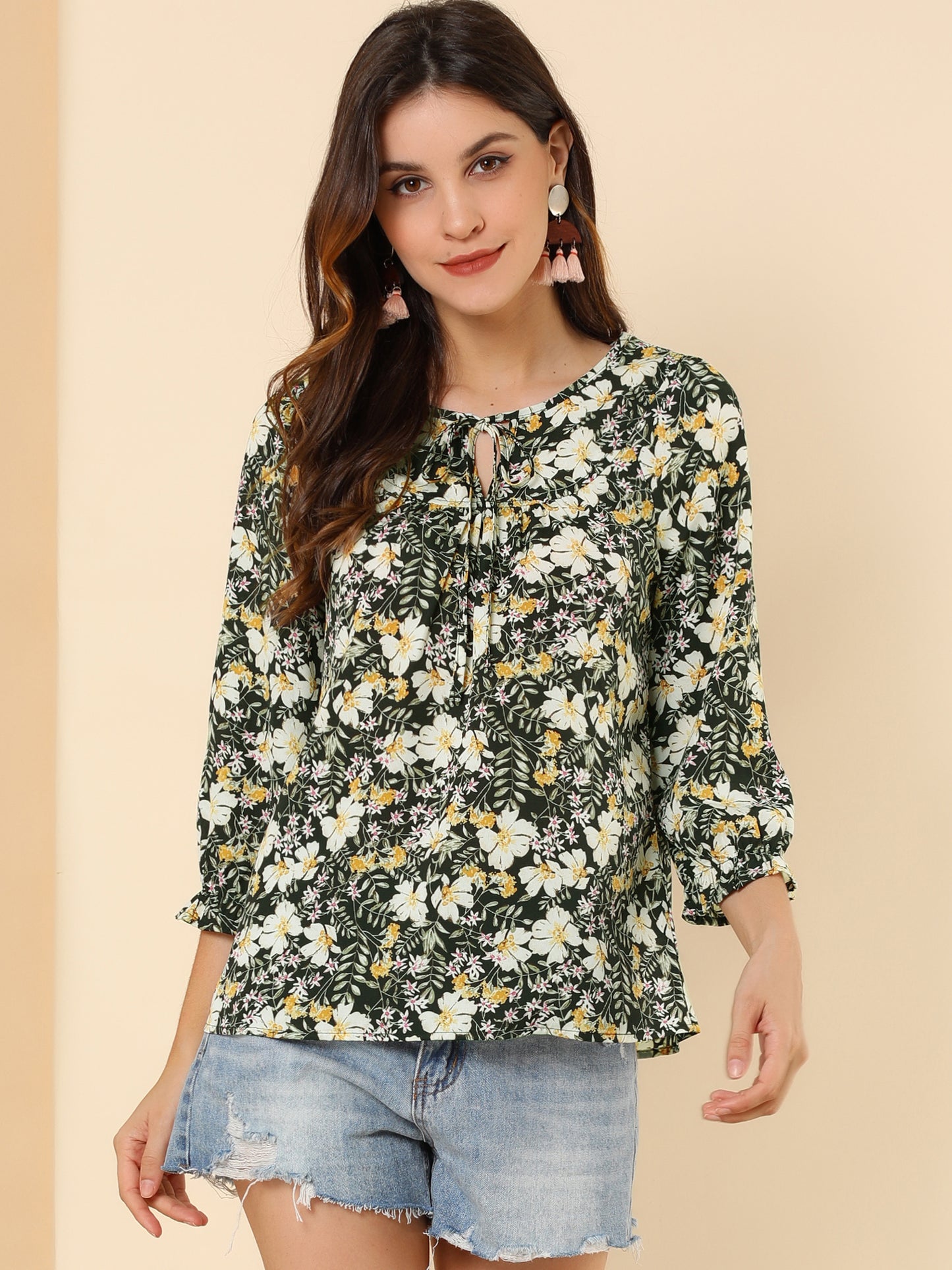 Women's Tie Neck 3/4 Sleeve Floral Blouse Bow Top