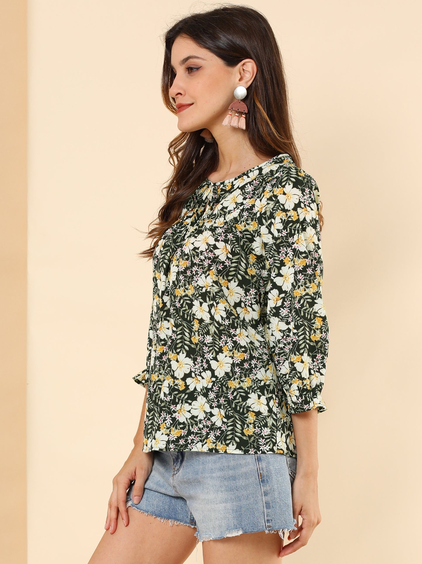 Women's Tie Neck 3/4 Sleeve Floral Blouse Bow Top