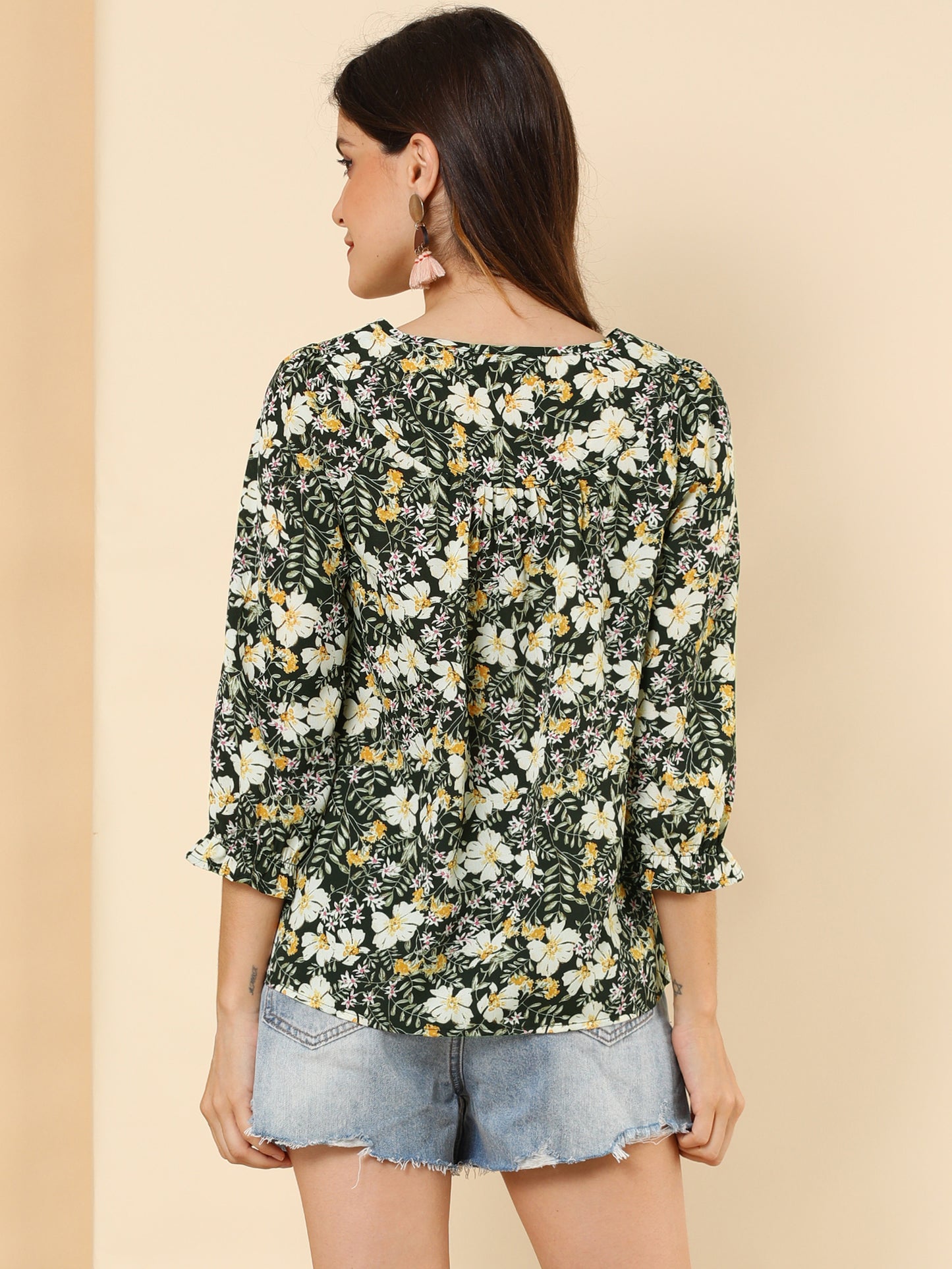 Women's Tie Neck 3/4 Sleeve Floral Blouse Bow Top