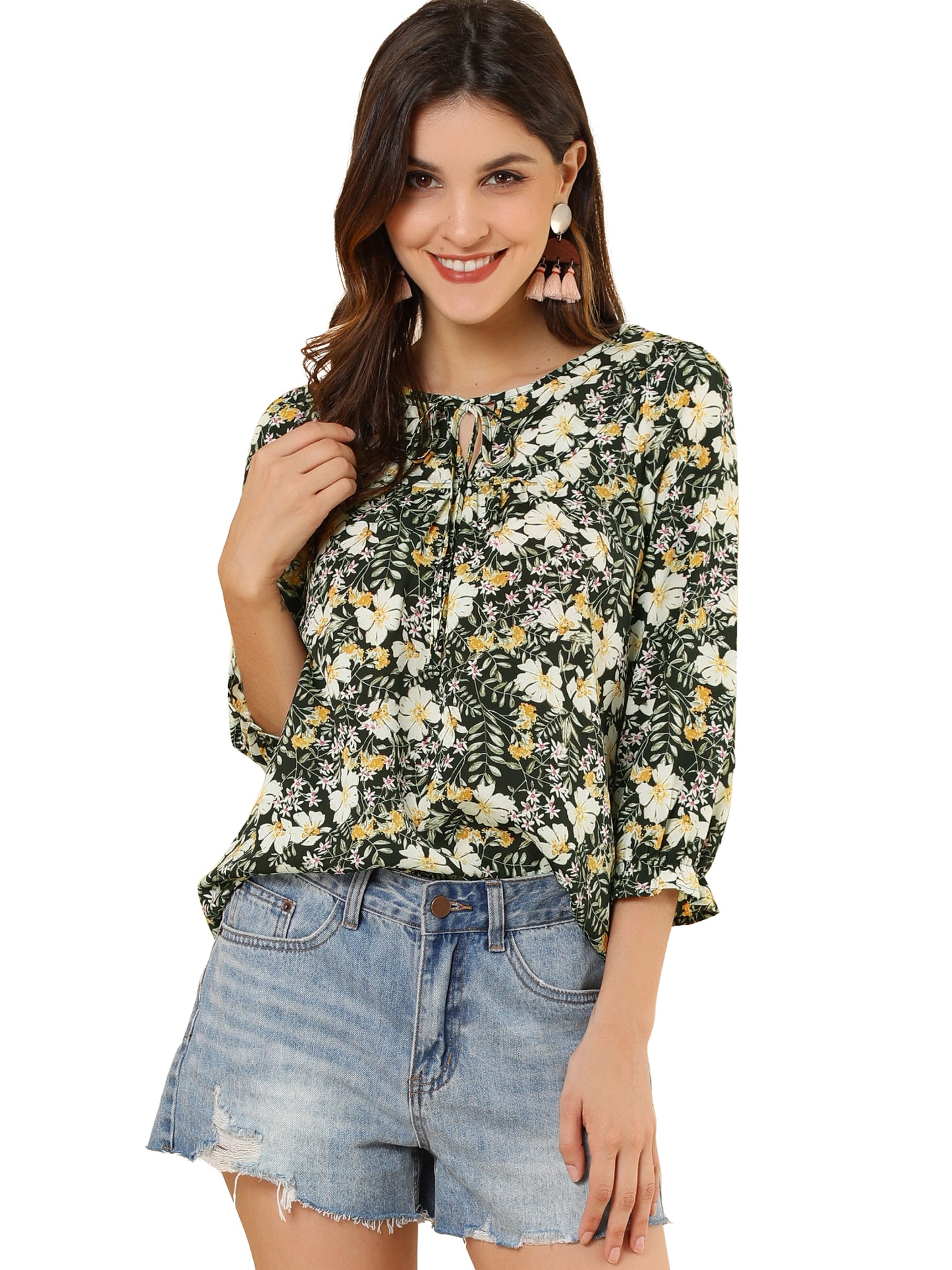 Women's Tie Neck 3/4 Sleeve Floral Blouse Bow Top