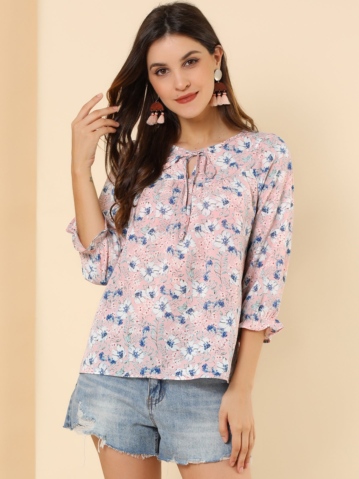 Women's Tie Neck 3/4 Sleeve Floral Blouse Bow Top