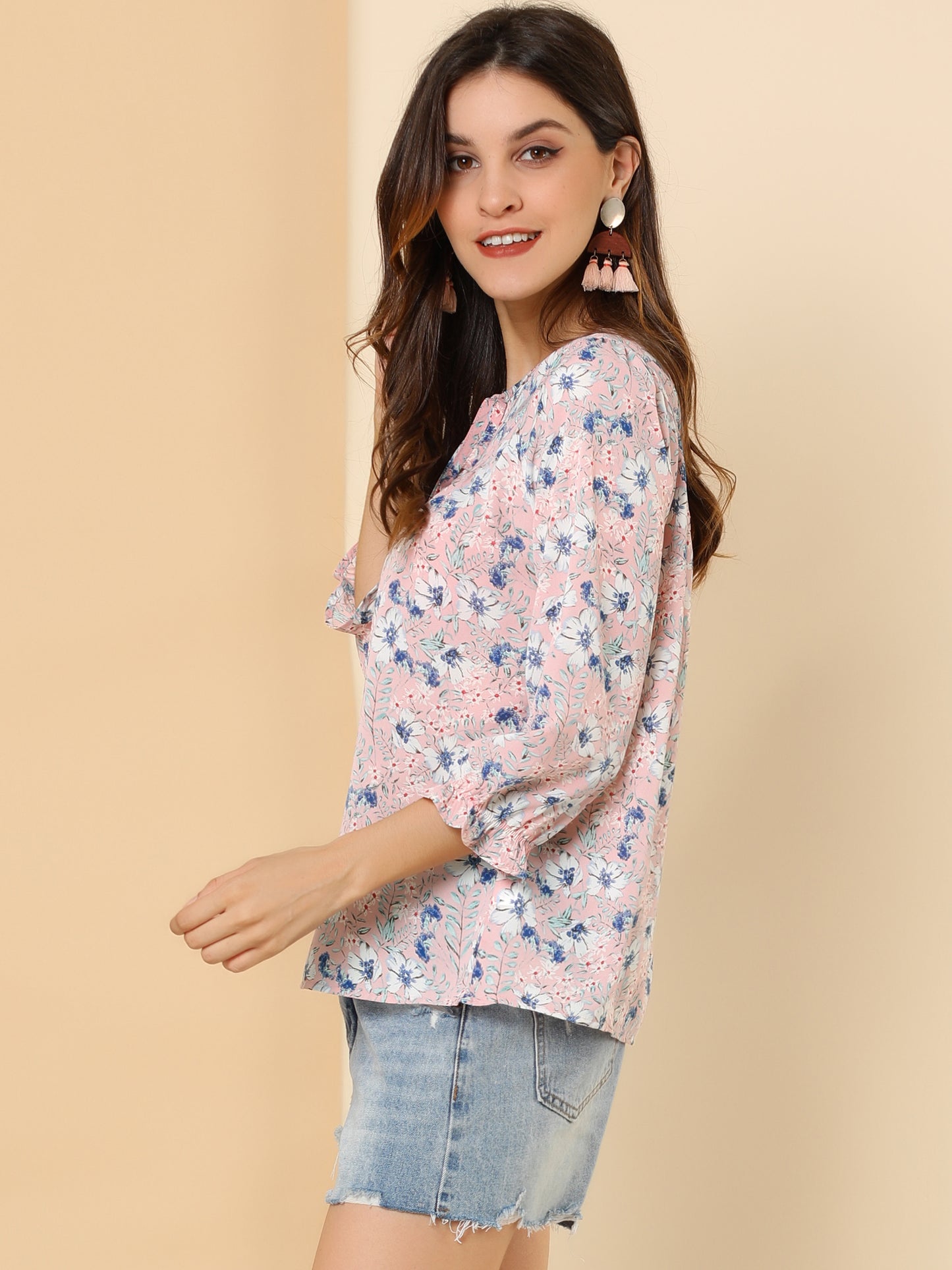Women's Tie Neck 3/4 Sleeve Floral Blouse Bow Top