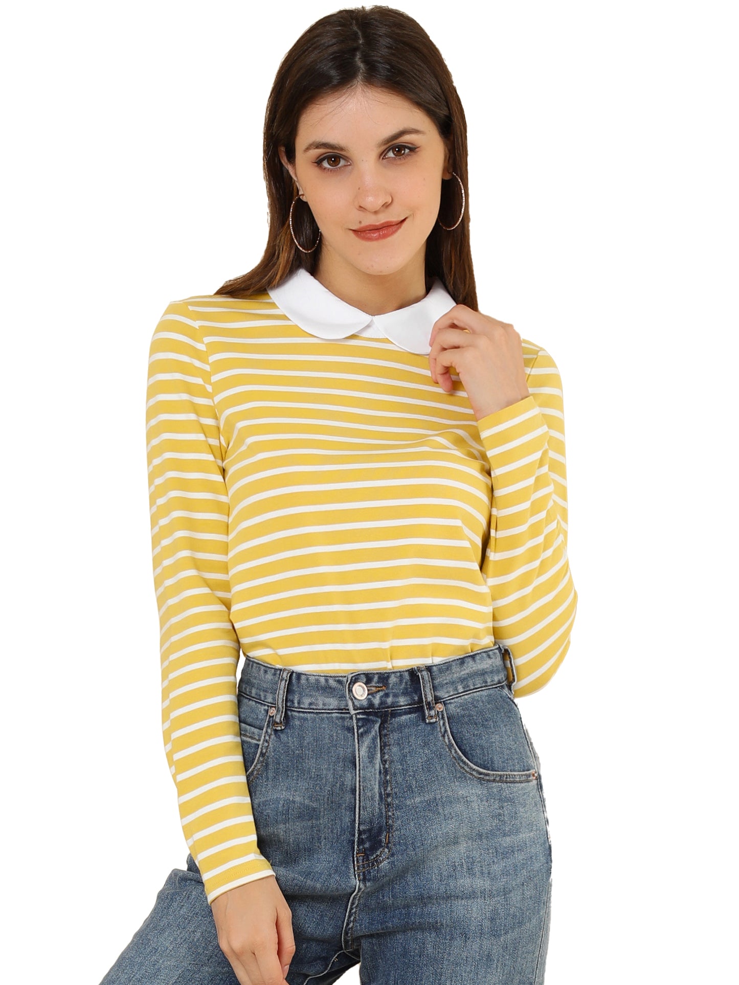 Women's Contrast Collar Long Sleeves Peter Pan Collar Striped Shirt Top