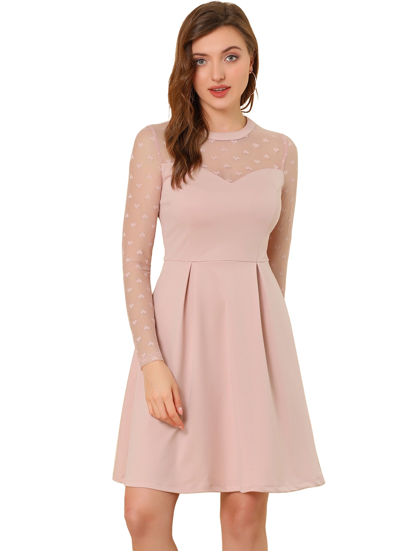 Women's Heart Mesh Sheer Long Sleeve Cocktail Party Skater Dress