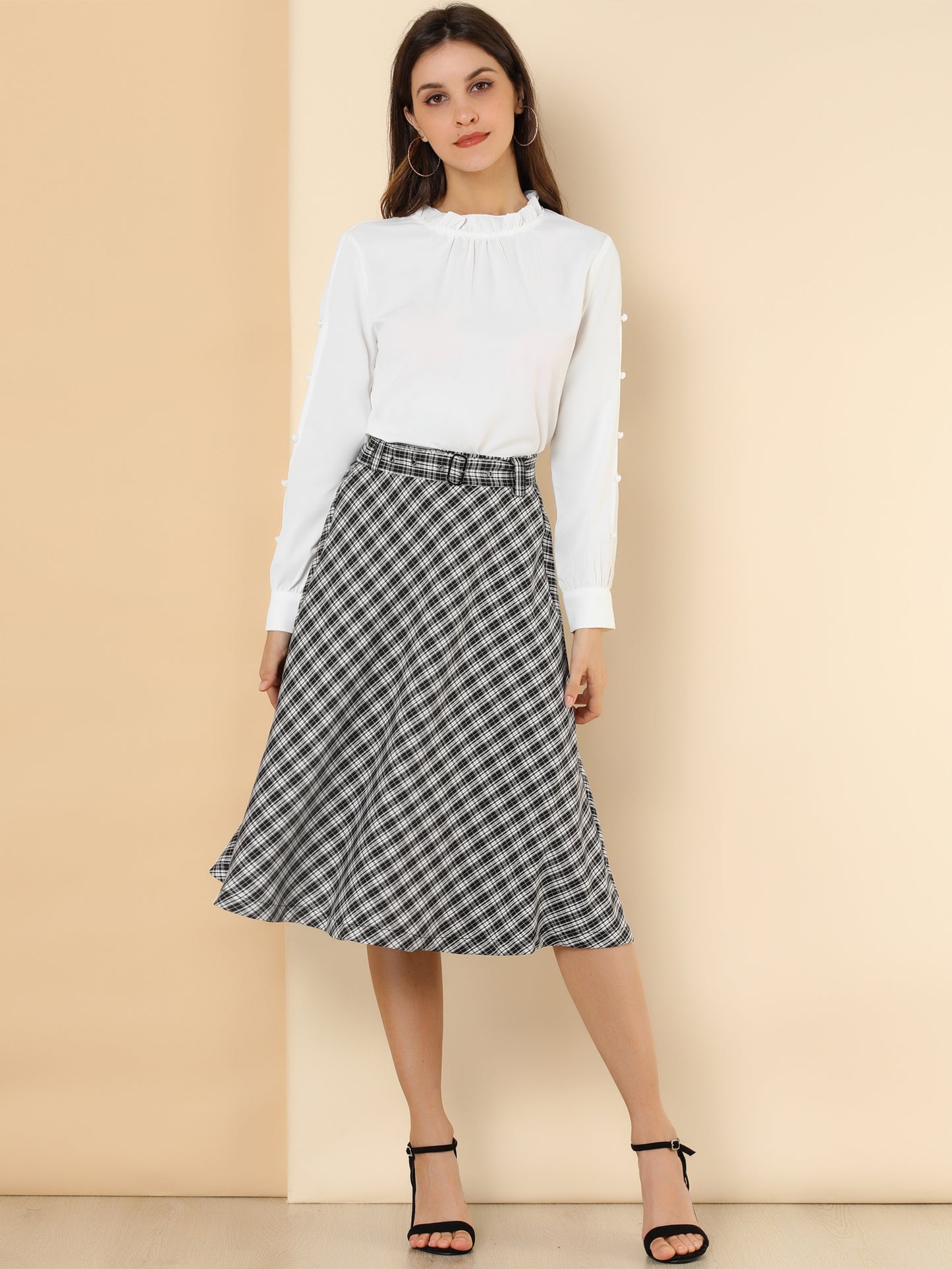 Falda midi vintage de corte A con cintura alta y cinturón para mujer con cuadros escoceses