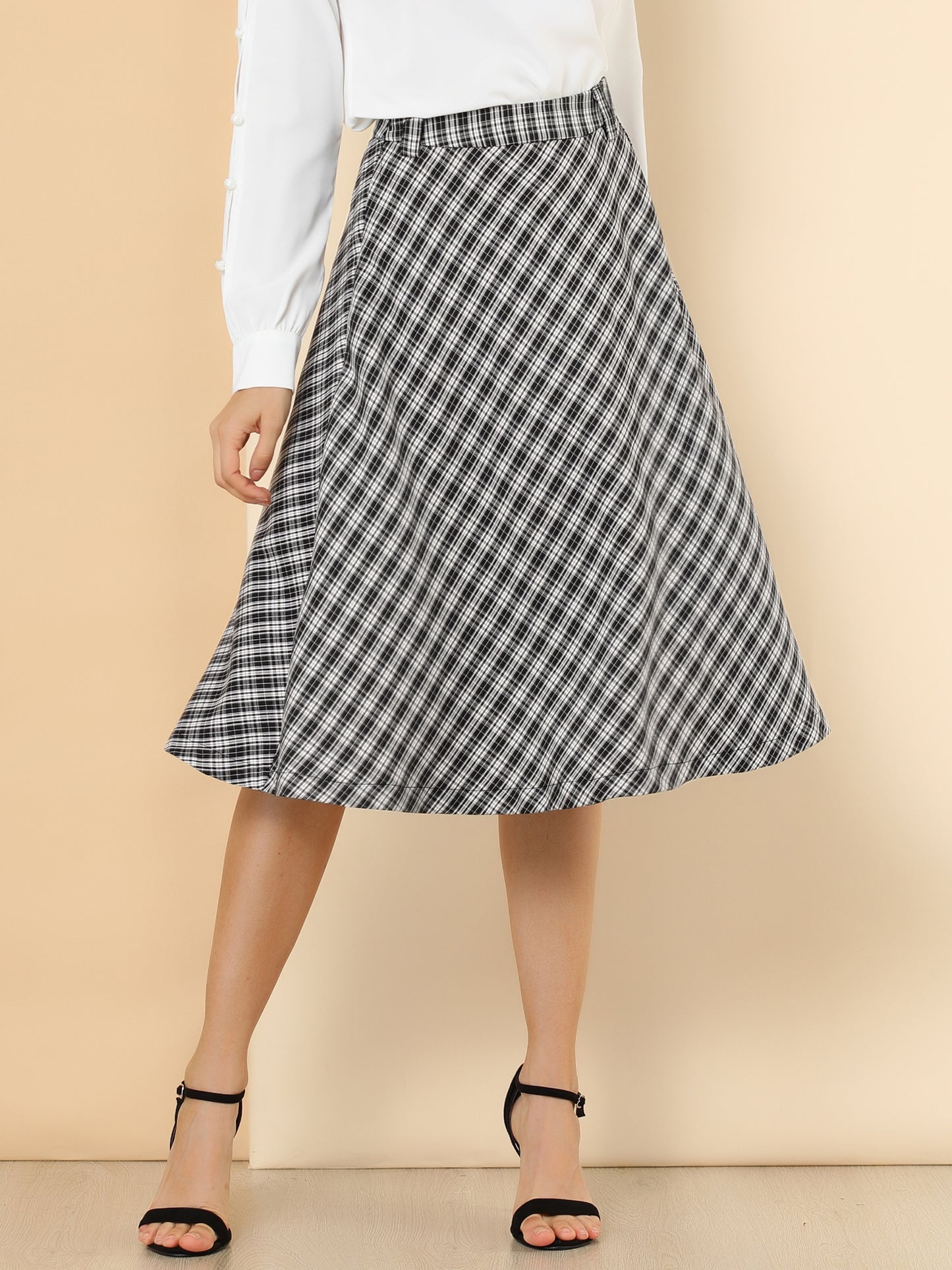 Falda midi vintage de corte A con cintura alta y cinturón para mujer con cuadros escoceses