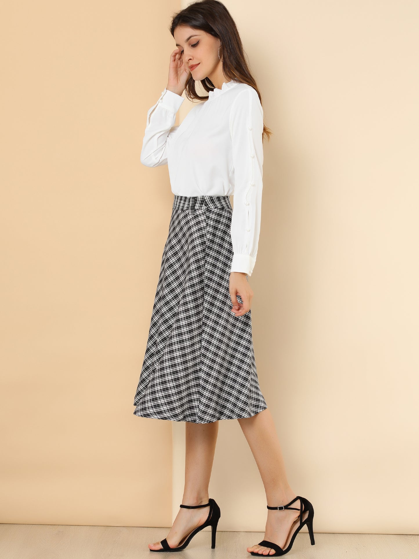 Falda midi vintage de corte A con cintura alta y cinturón para mujer con cuadros escoceses