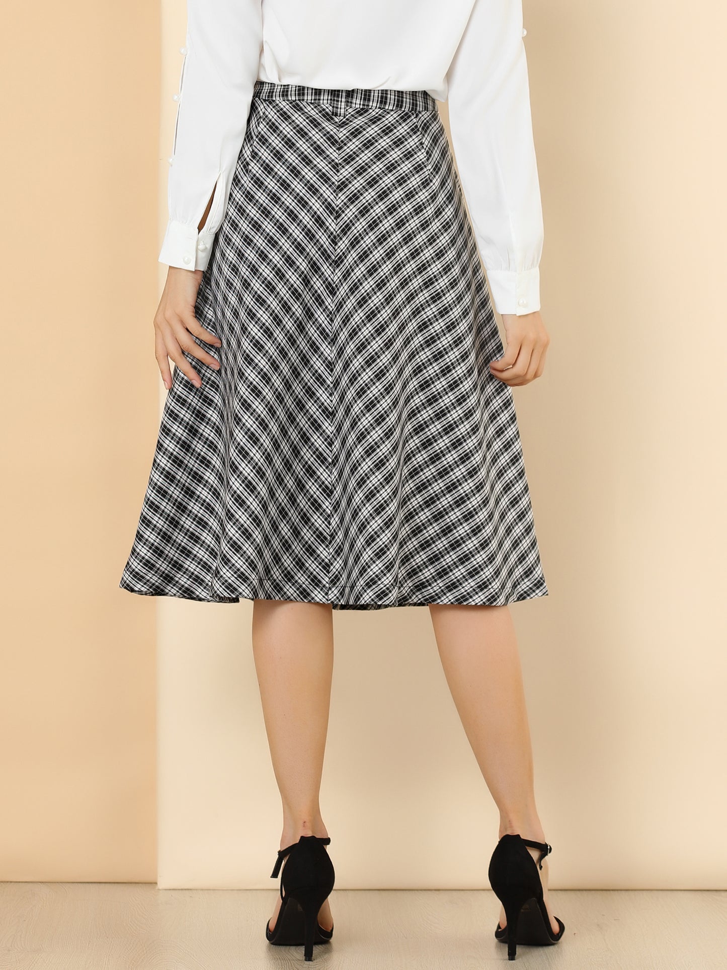 Falda midi vintage de corte A con cintura alta y cinturón para mujer con cuadros escoceses