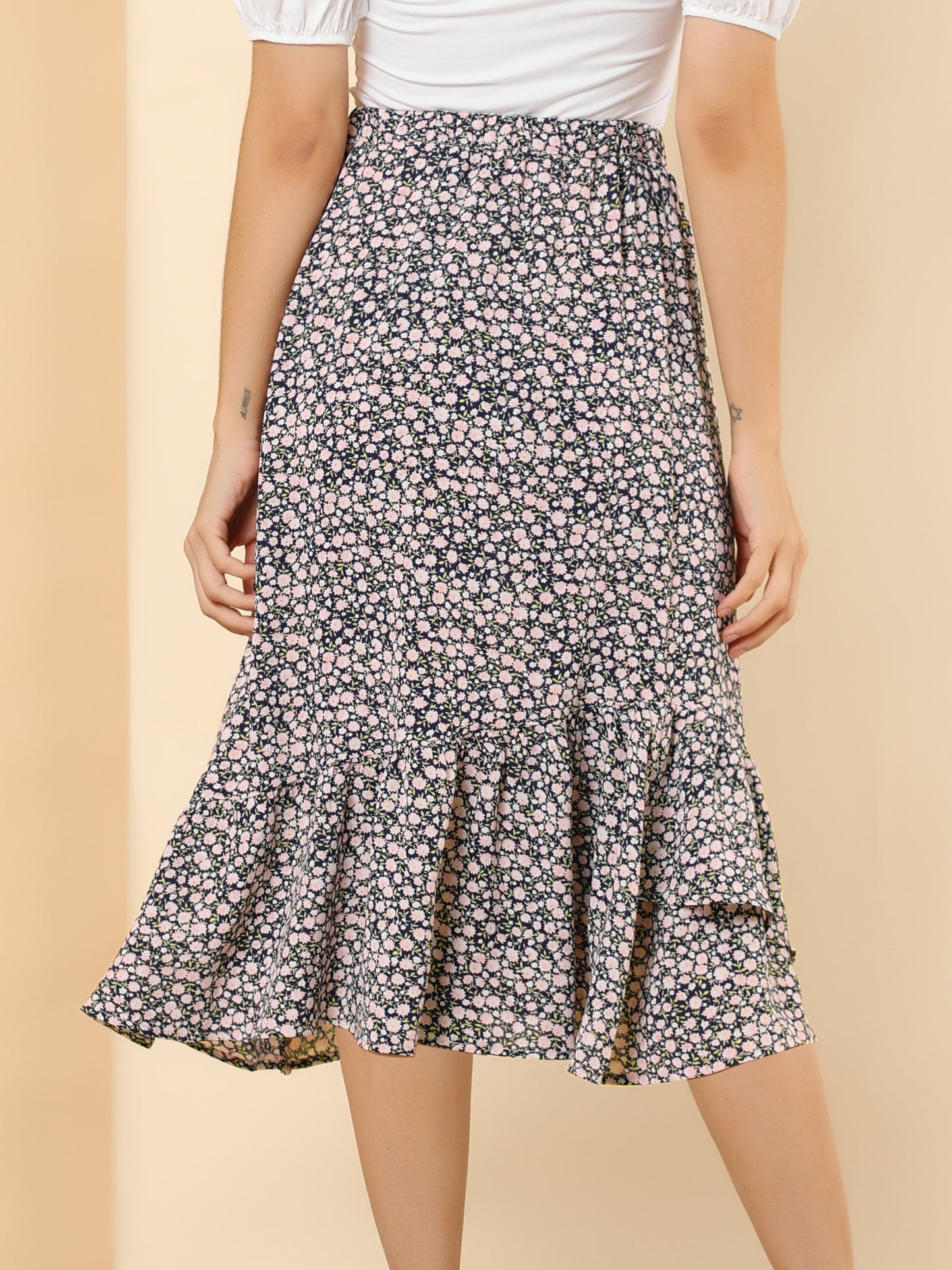 Falda floral de verano para mujer, cintura elástica, dobladillo alto y bajo con volantes, falda midi