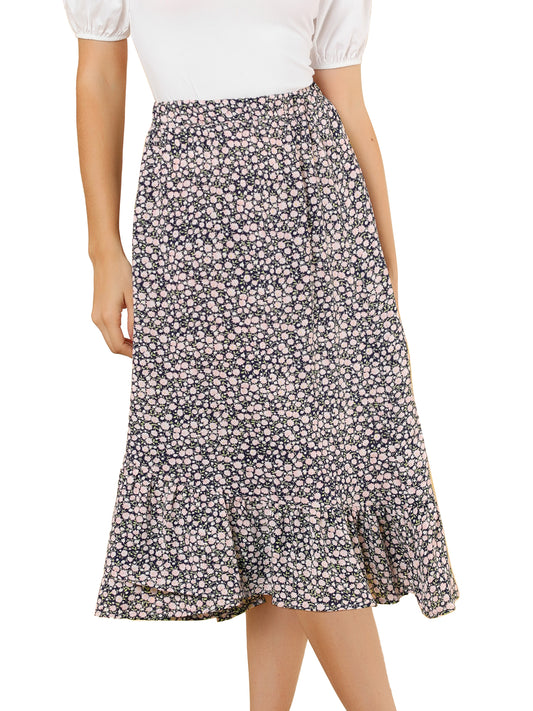 Women's Summer Floral Skirt Elastic Waist High Low Ruffle Hem Midi Skirt