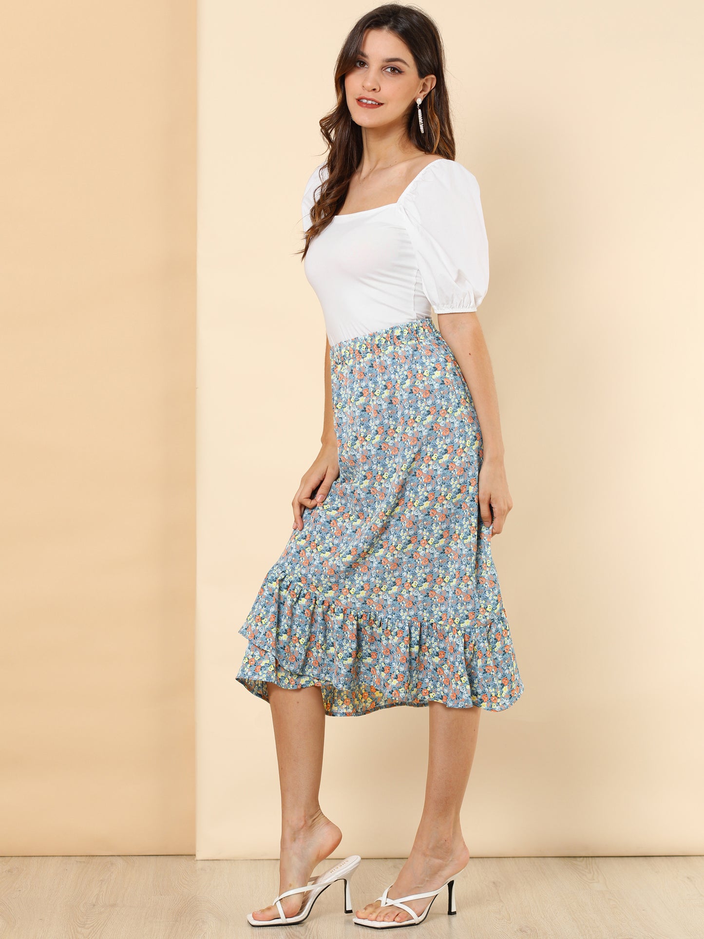 Falda floral de verano para mujer, cintura elástica, dobladillo alto y bajo con volantes, falda midi